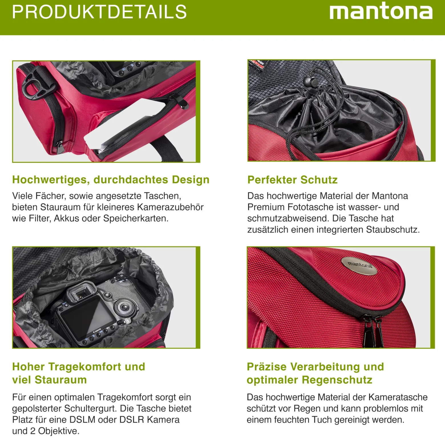 Mantona Premium Fototasche rot/schwarz, mit viel Stauraum, gepolstert mit Zusatzfächern, Umhängetasche für DSLM & DSLR Kameras, Aufbewahrungstasche für Kamera-Equipment