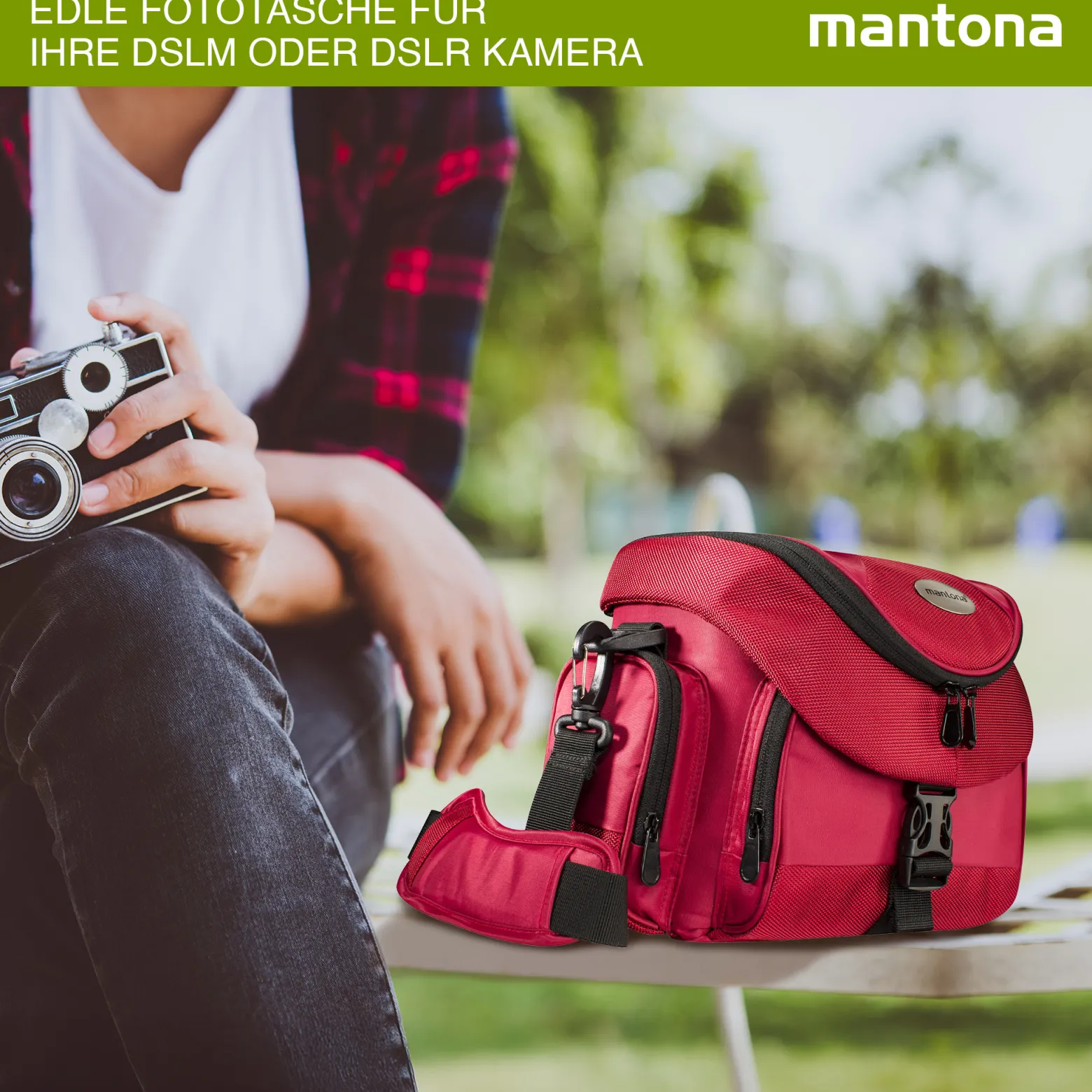 Mantona Premium Fototasche rot/schwarz, mit viel Stauraum, gepolstert mit Zusatzfächern, Umhängetasche für DSLM & DSLR Kameras, Aufbewahrungstasche für Kamera-Equipment