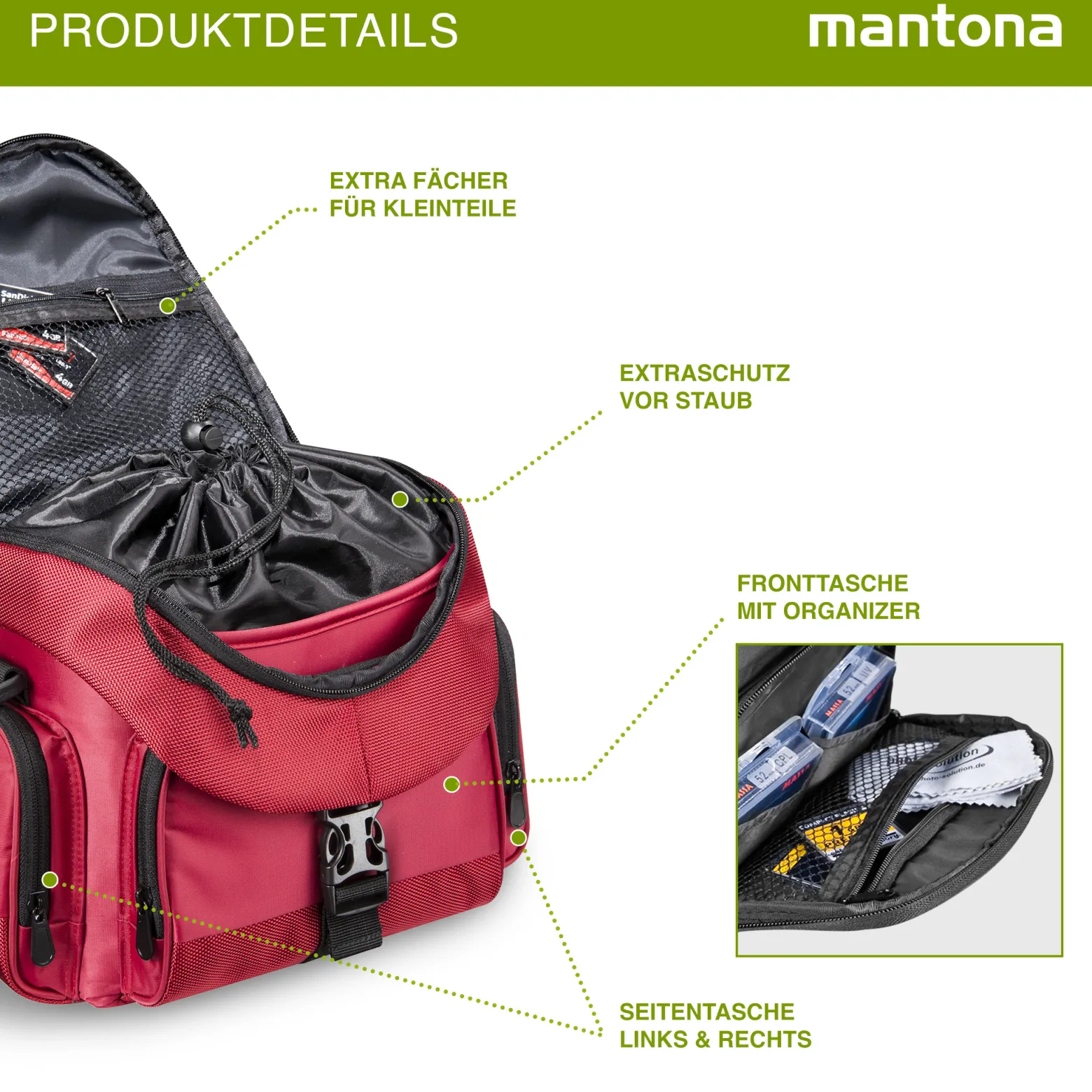 Mantona Premium Fototasche rot/schwarz, mit viel Stauraum, gepolstert mit Zusatzfächern, Umhängetasche für DSLM & DSLR Kameras, Aufbewahrungstasche für Kamera-Equipment