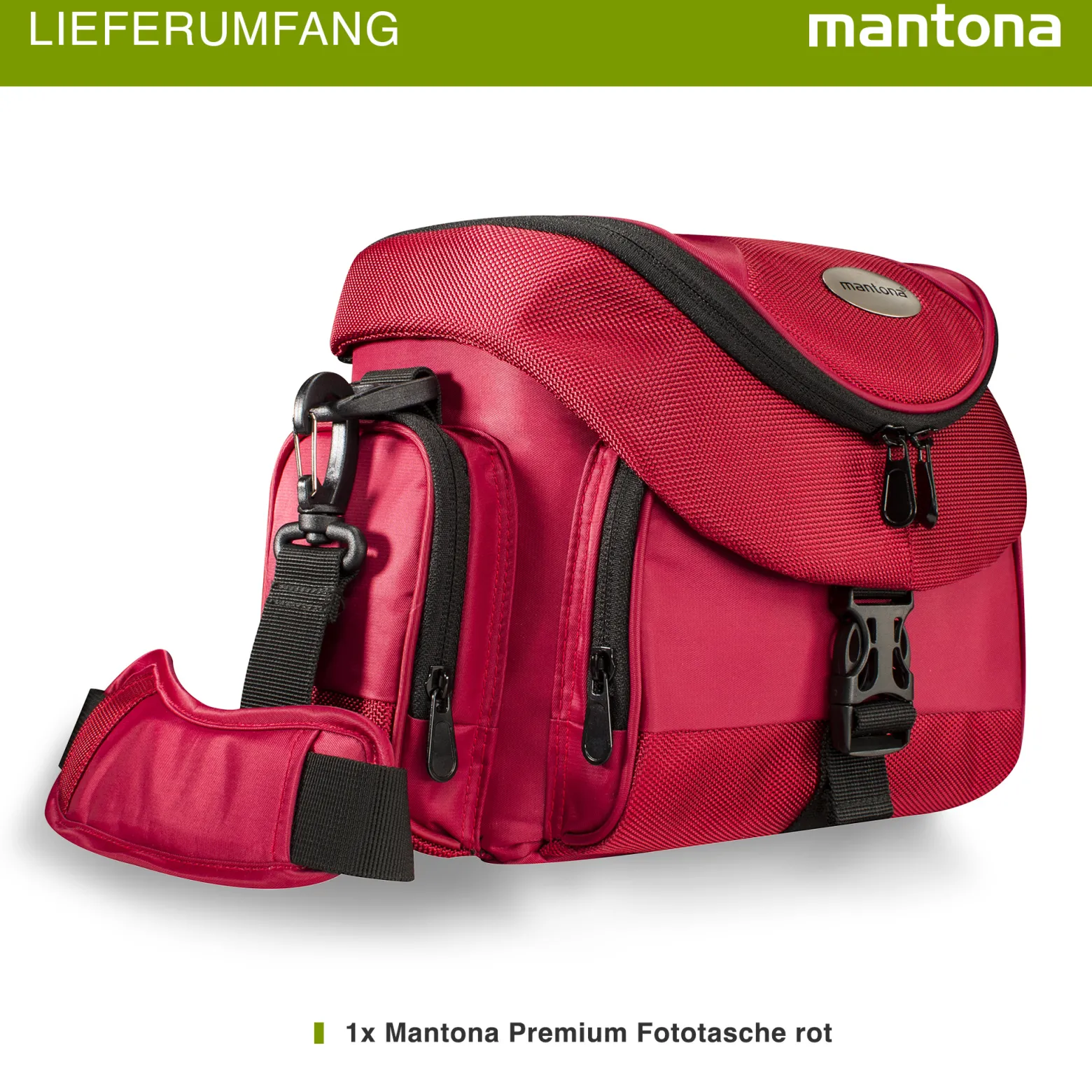Mantona Premium Fototasche rot/schwarz, mit viel Stauraum, gepolstert mit Zusatzfächern, Umhängetasche für DSLM & DSLR Kameras, Aufbewahrungstasche für Kamera-Equipment