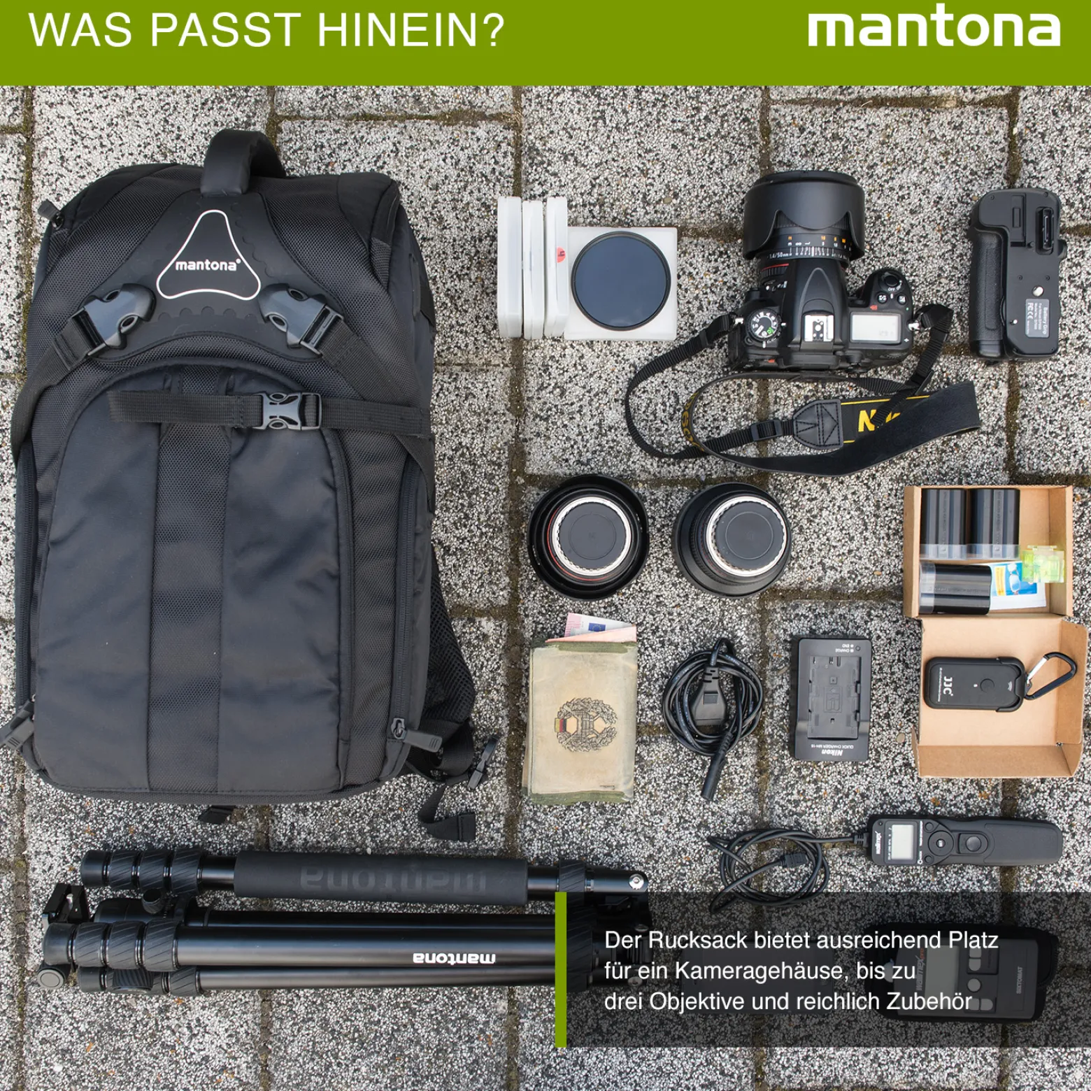 Mantona Rhodolit SLR-Kamerarucksack - Fototasche geeignet für SLR mit angesetztem Objektiv, weitere Objektive, Systemblitz und Zubehör, schwarze Kameratasche inkl. Regenschutz
