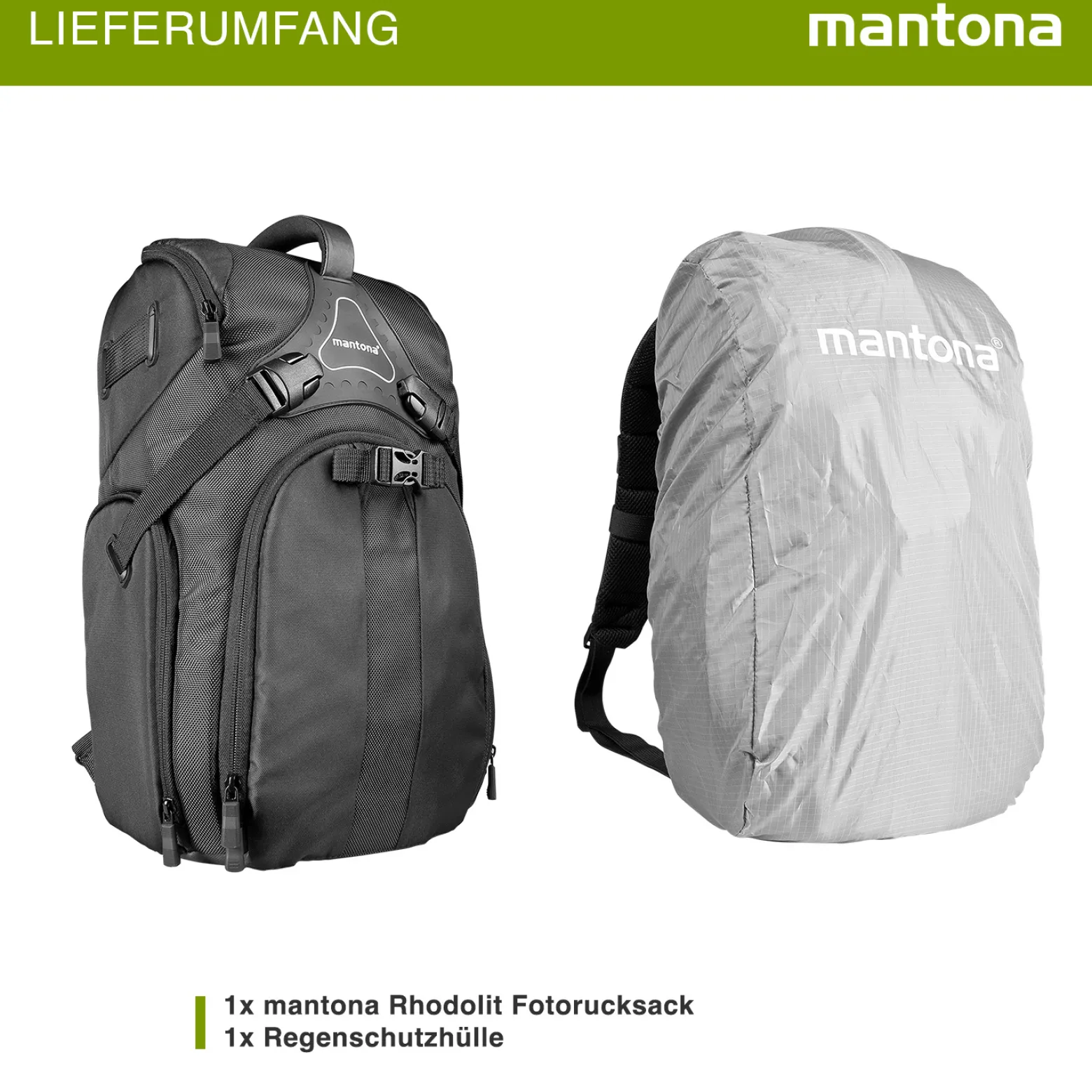 Mantona Rhodolit SLR-Kamerarucksack - Fototasche geeignet für SLR mit angesetztem Objektiv, weitere Objektive, Systemblitz und Zubehör, schwarze Kameratasche inkl. Regenschutz