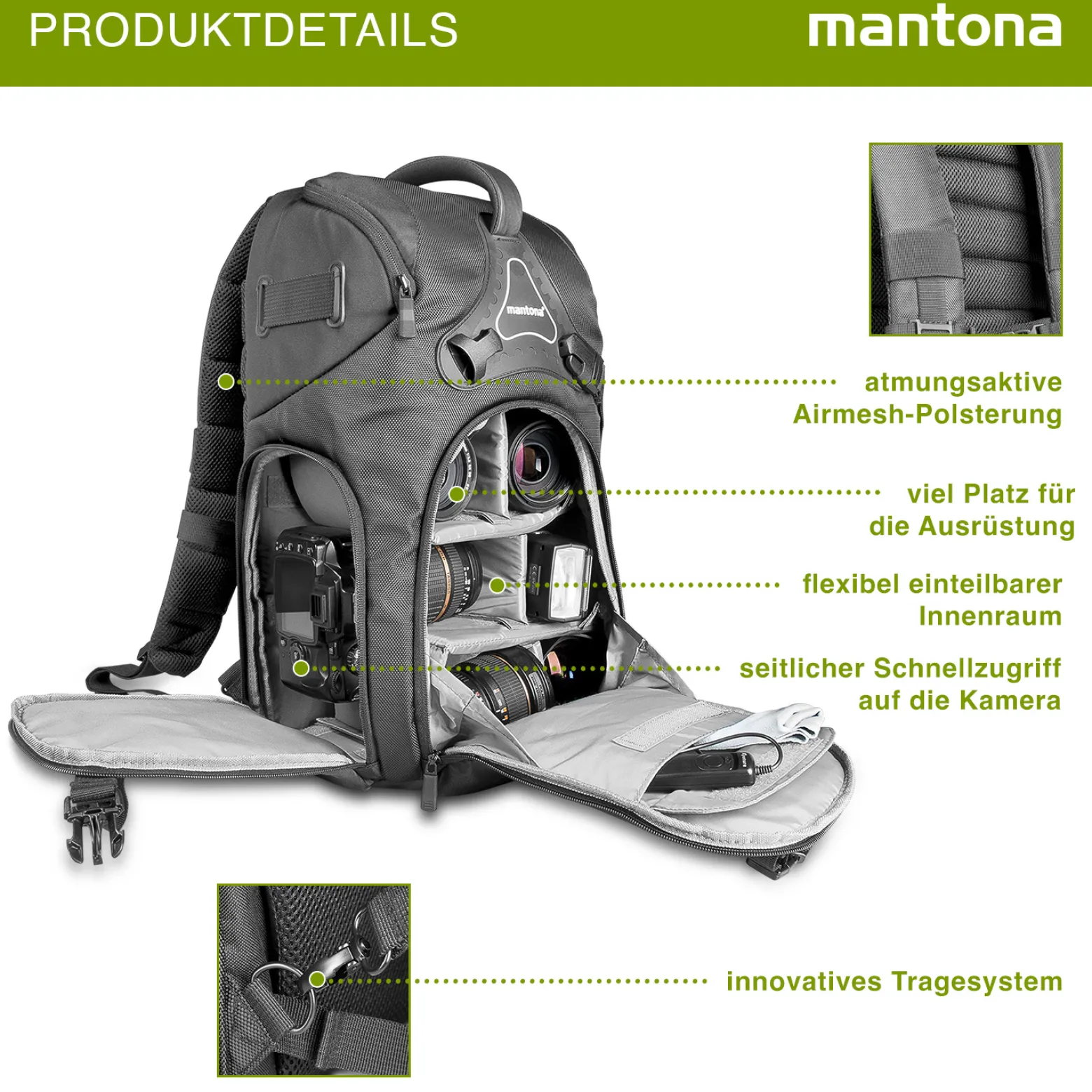 Mantona Rhodolit SLR-Kamerarucksack - Fototasche geeignet für SLR mit angesetztem Objektiv, weitere Objektive, Systemblitz und Zubehör, schwarze Kameratasche inkl. Regenschutz