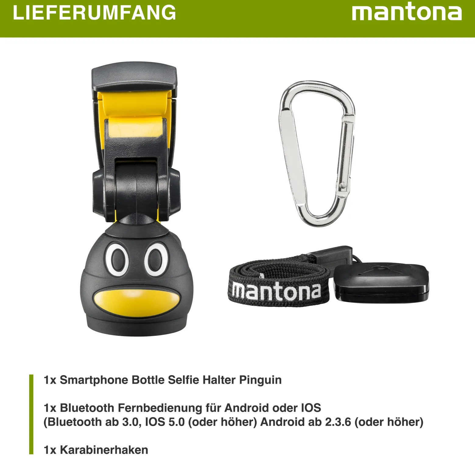 Mantona Smartphone Bottle Selfie Halter Pinguin schwarz/gelb Handstativ Selfie Stick mit Bluetooth Fernbedienung