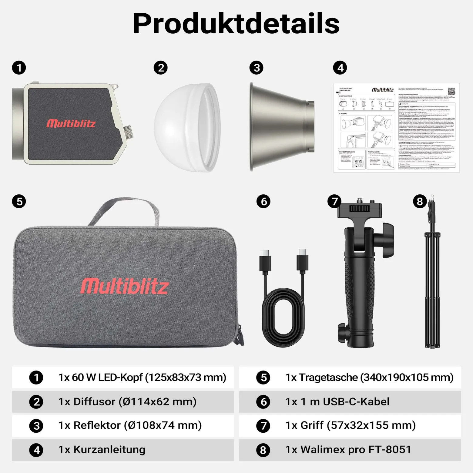 Multiblitz Set aus MB-PL LED 60B Fotolicht mit FT-8051 Lampenstativ