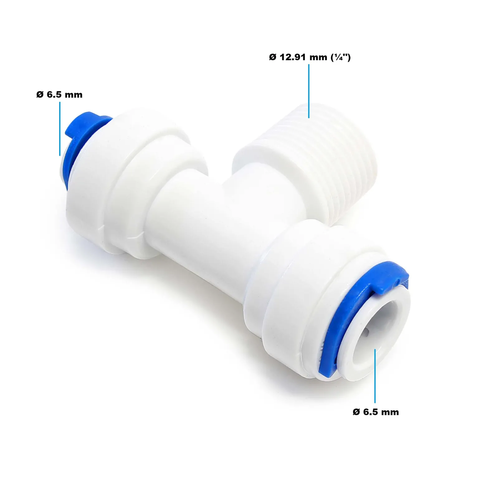 Naturewater Jaco T Fitting für Schlauch mit 2x 6,5 mm Anschluss und 12,91 mm Außengewinde (1/4"), für Trinkwasser Ultrafiltration Mikrofilter Umkehrosmose