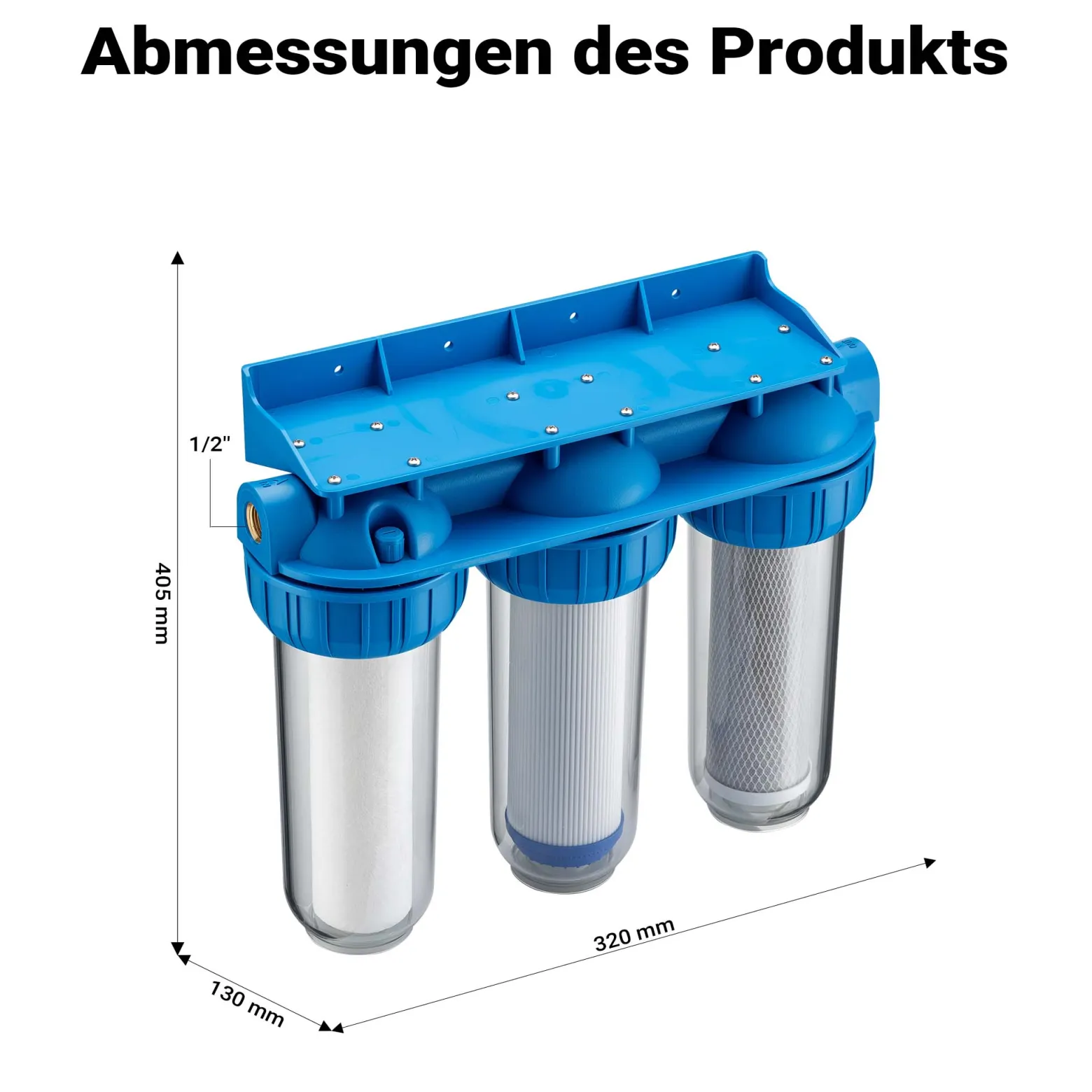 Naturewater NW-BR10B4 3 Stufen Wasserfilter, 5 µ, 20,67 mm (1/2"), Ø60 mm PP Kartusche, Filter Wandhalterung, Filterschlüssel, Sedimentfilter Aktivkohleblock Aktivkohlegranulat