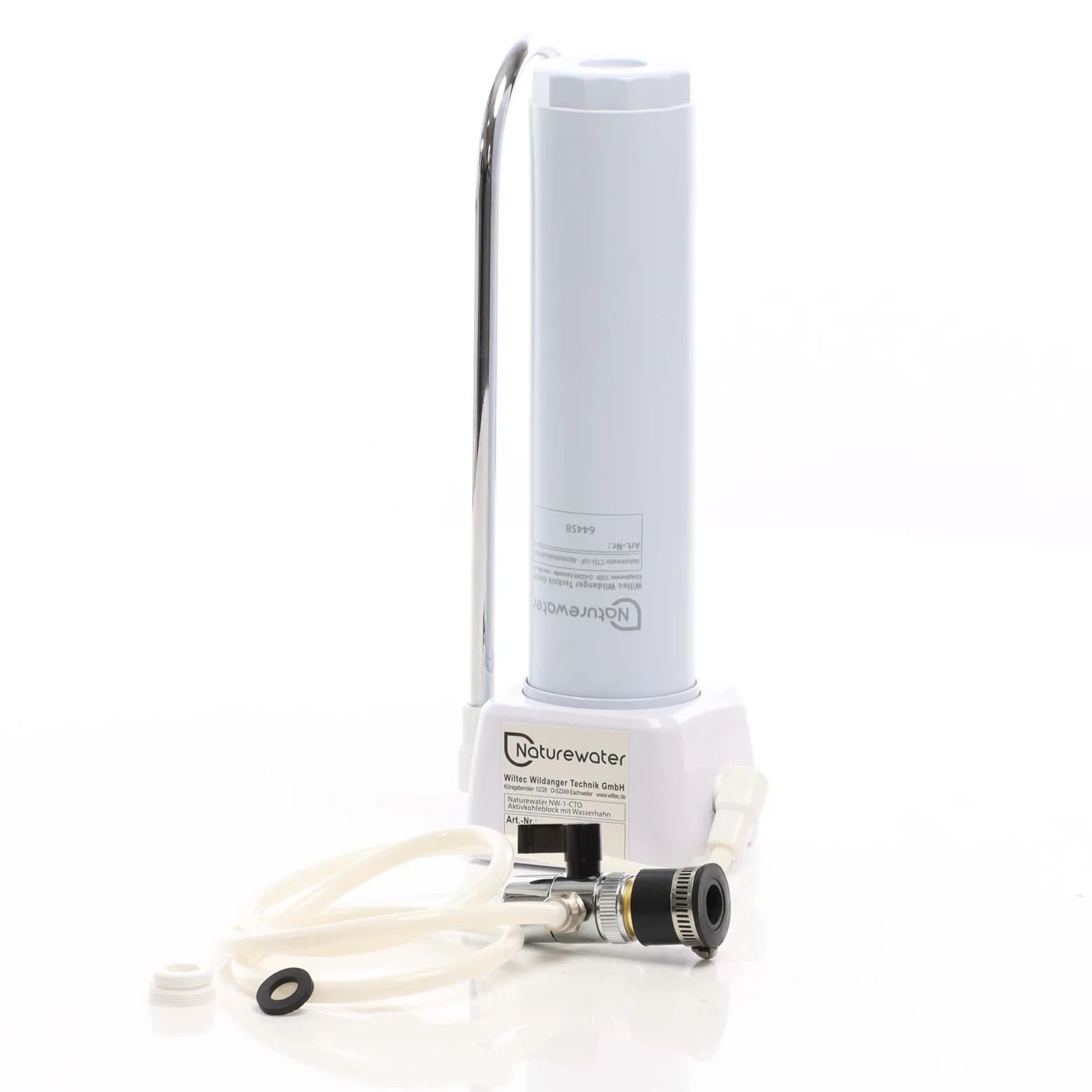 Naturewater NW-1-CTO 1 Stufen Counter Top Wasserfilter, 5 µ, Aktivkohle Block Filtereinsatz, Kartusche Filter, mit Universaladapter, Wasserhahn