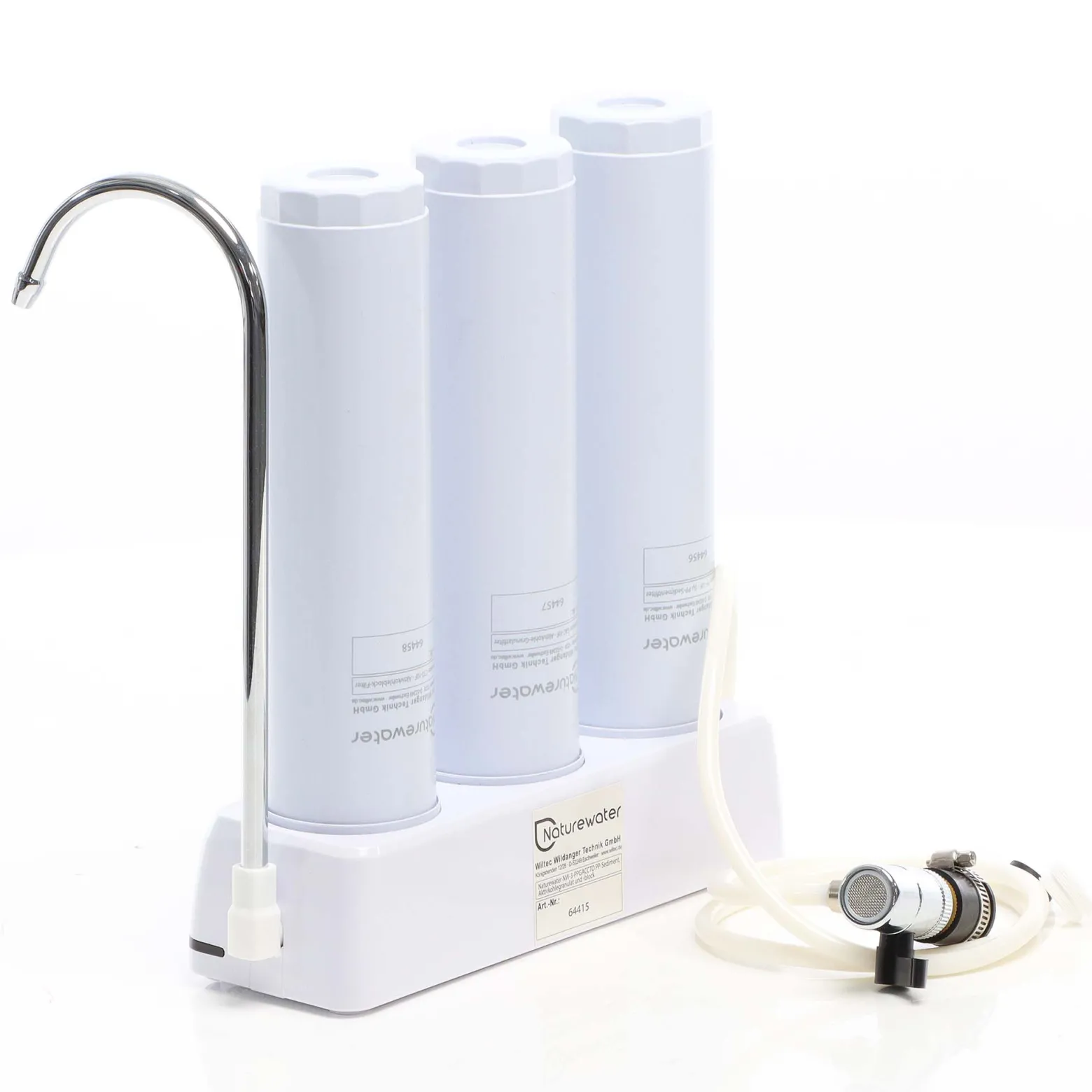 Naturewater NW-3-PPGACCTO 3 Stufen Counter Top Wasserfilter, 5 µ, PP Sediment, Aktivkohle Granulat, Aktivkohle Block Filtereinsatz, mit Universaladapter, Wasserhahn
