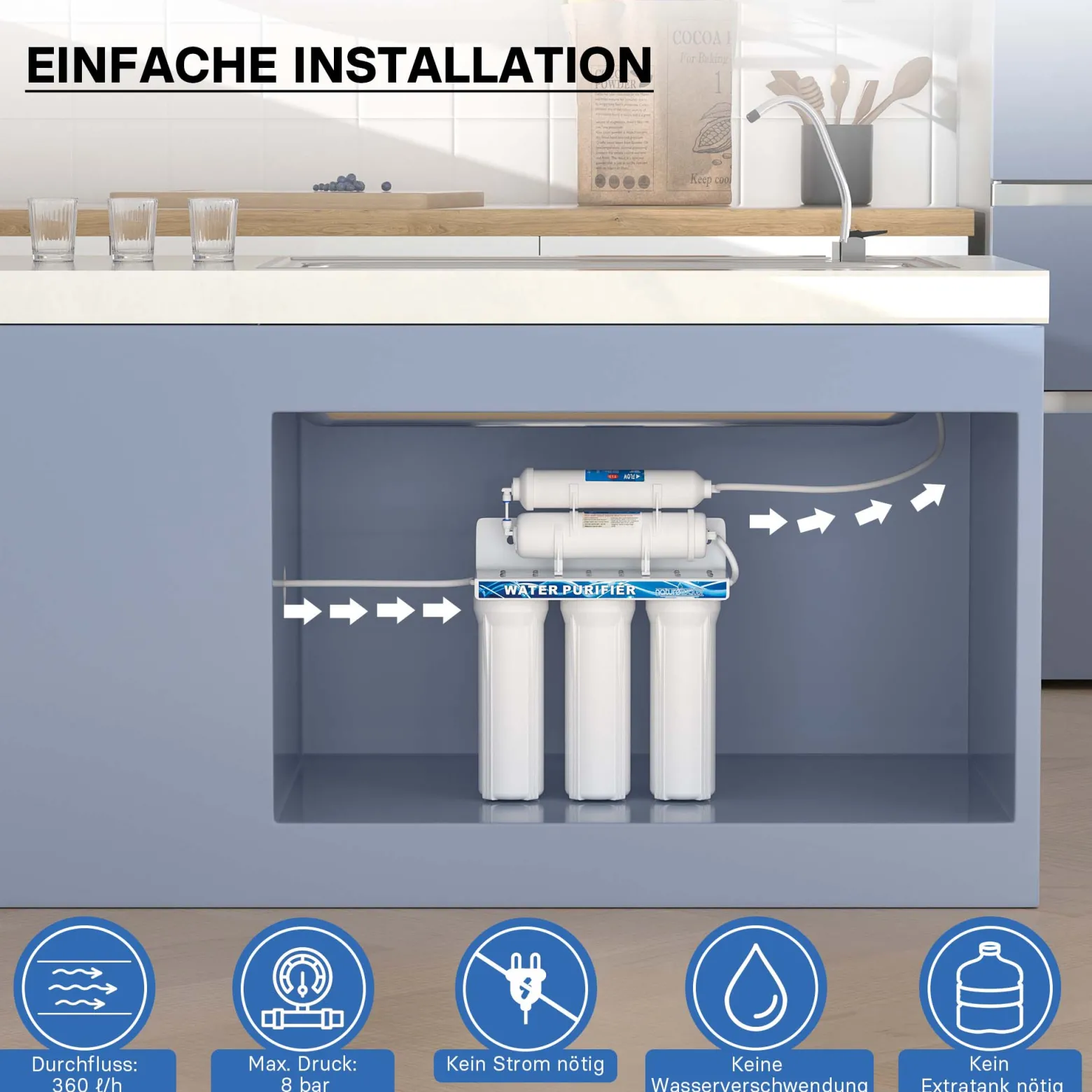 Naturewater NW-PR305 5 Stufen Wasserfilter, 5 µ, PP Kartusche, Untertischfilter Wandhalterung, Filterschlüssel, Sedimentfilter Aktivkohle, Wasserhahn, 2,5m Schlauch, Kurzdreiwegeventil, Kugelhahn