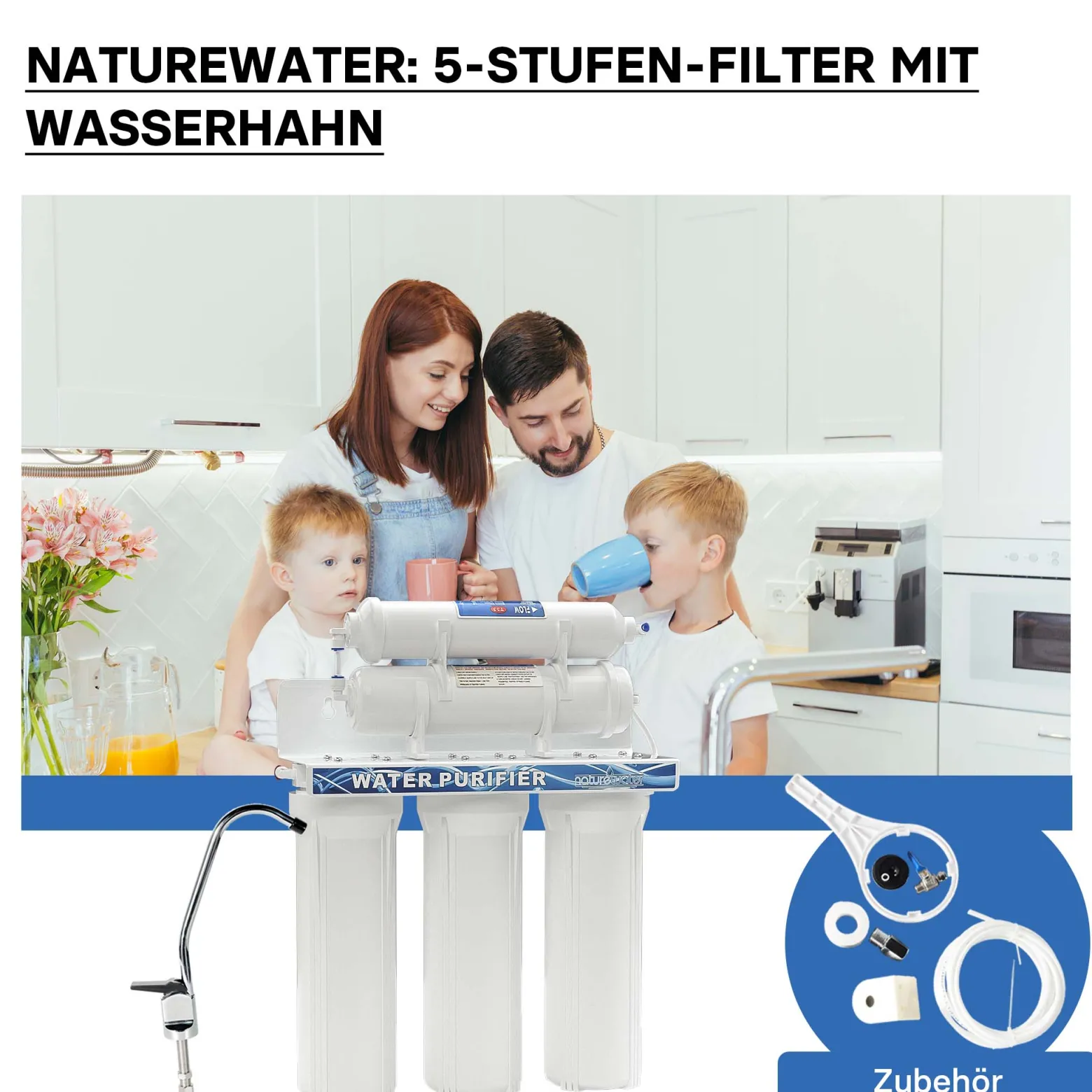 Naturewater NW-PR305 5 Stufen Wasserfilter, 5 µ, PP Kartusche, Untertischfilter Wandhalterung, Filterschlüssel, Sedimentfilter Aktivkohle, Wasserhahn, 2,5m Schlauch, Kurzdreiwegeventil, Kugelhahn