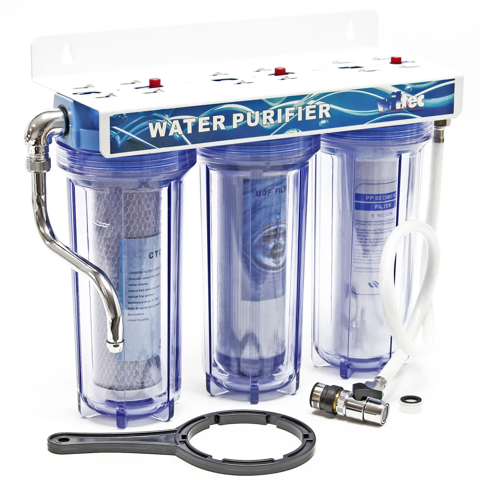 Naturewater NW-PR103 3 Stufen Wasserfilter, 5 µ, 20,67 mm (1/2"), Ø62 mm PP Kartusche, Filter Wandhalterung, Filterschlüssel, Sedimentfilter Aktivkohleblock Aktivkohlegranulat