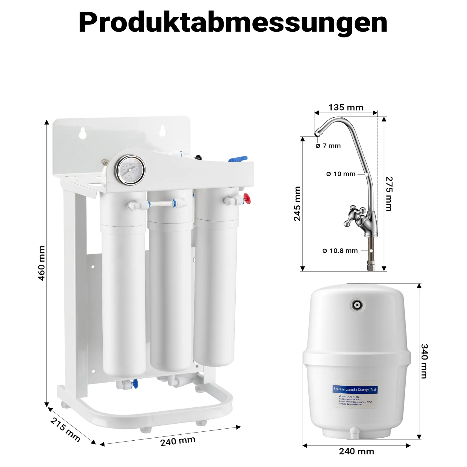 Naturewater NW-RO50-G1 5 Stufen Umkehrosmose 180 L/Tag mit Rahmen und Druckanzeige, RO Omsoseanlage für sauberes Trinkwasser