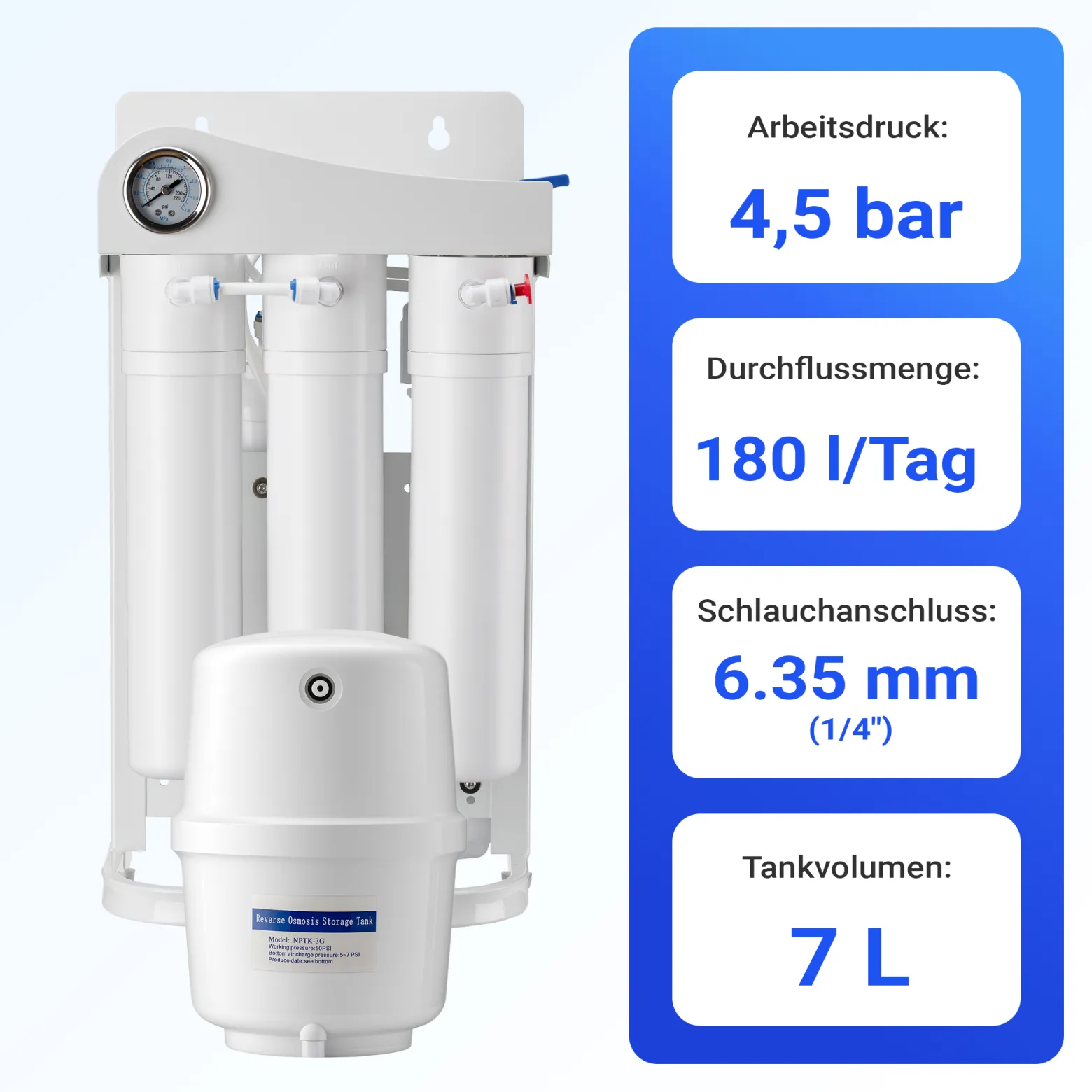 Naturewater NW-RO50-G1 5 Stufen Umkehrosmose 180 L/Tag mit Rahmen und Druckanzeige, RO Omsoseanlage für sauberes Trinkwasser