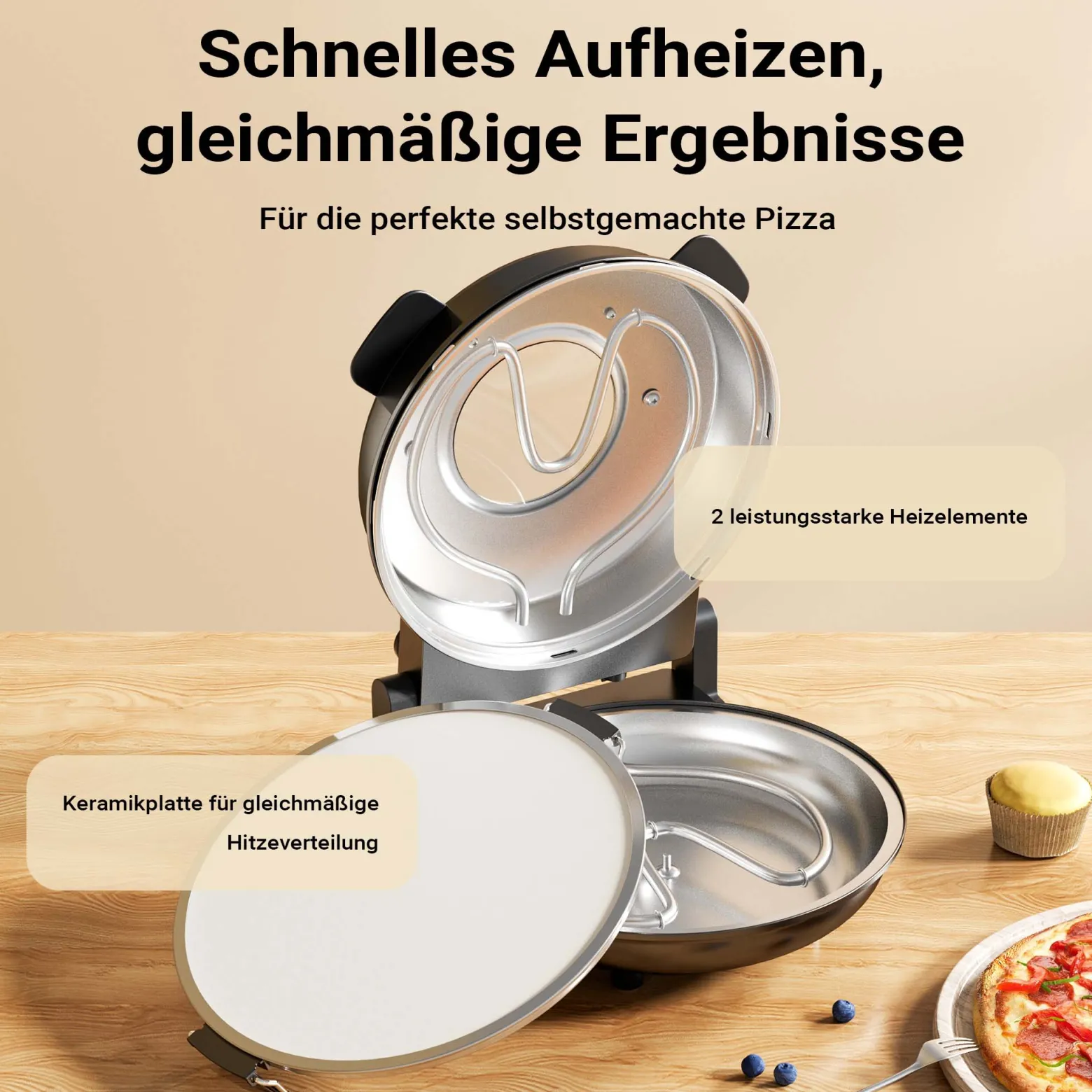 Pizzamaker mit Keramiksteinplatte Ø32cm und Sichtfenster, zwei Heizelemente max. 400°C, mit Timer