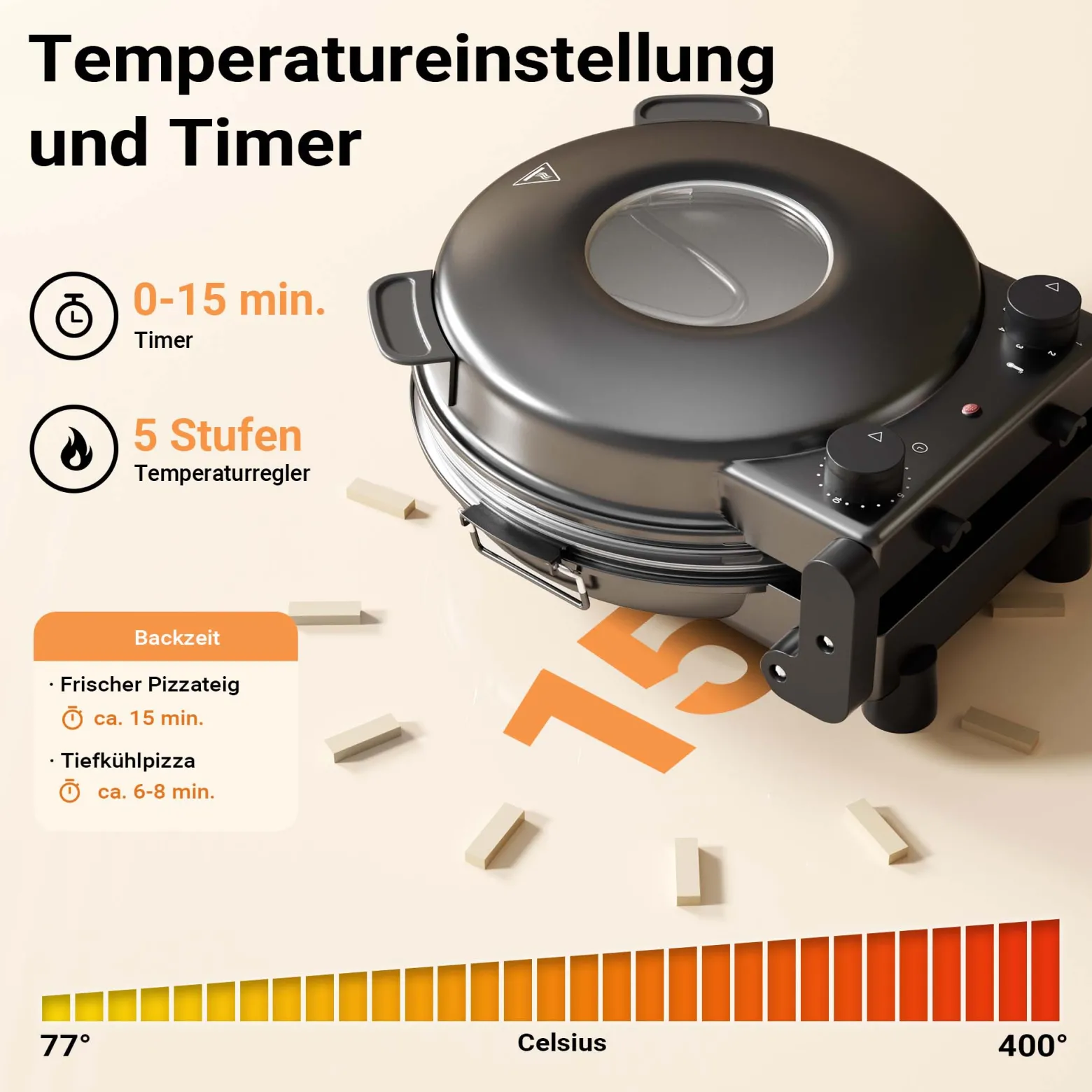 Pizzamaker mit Keramiksteinplatte Ø32cm und Sichtfenster, zwei Heizelemente max. 400°C, mit Timer