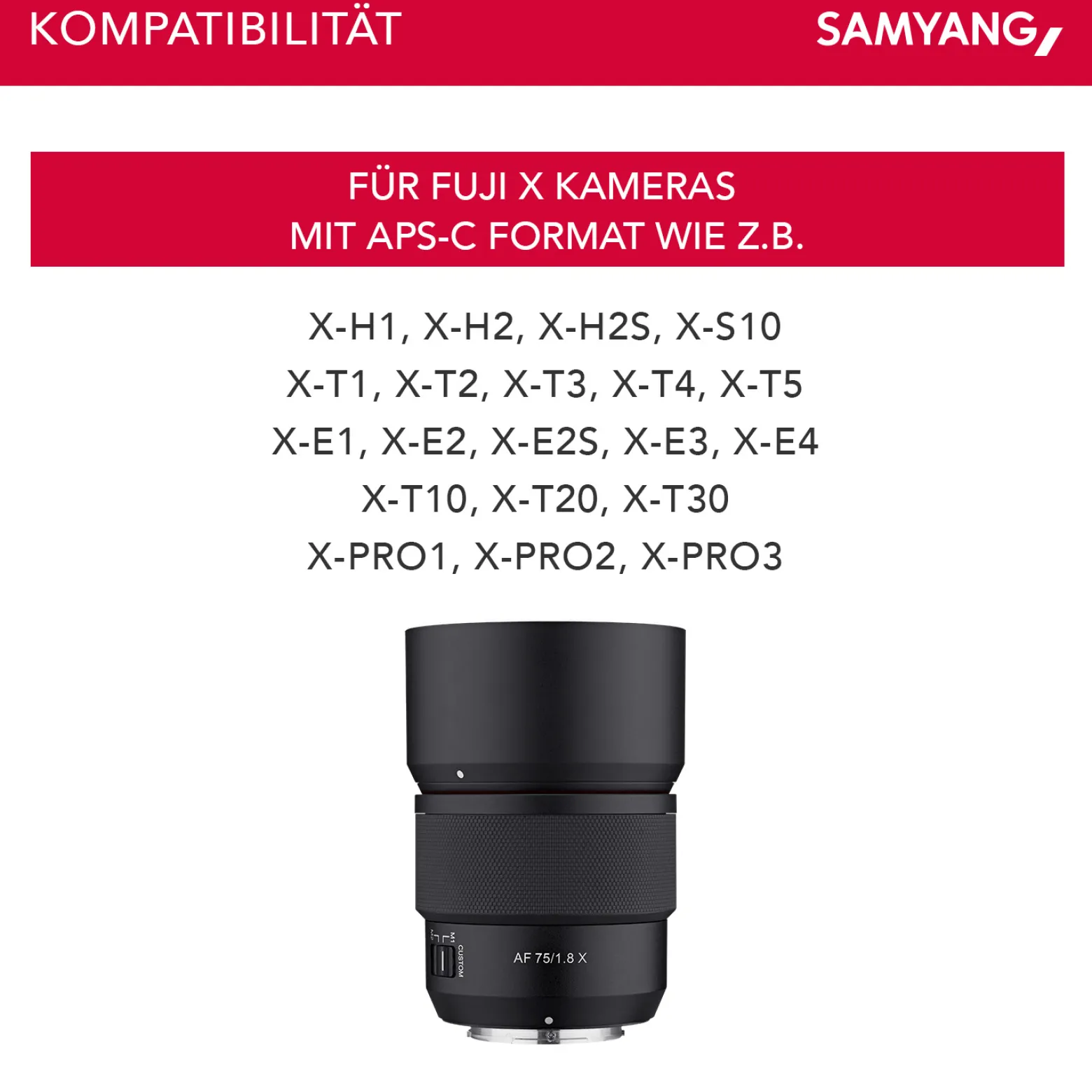 Samyang AF 75 mm Portraitobjektiv kompatibel mit Fujifilm X, Kamera Objektiv mit Lichtstärke F1,8 für Portraitfotos, kompaktes Kameraobjektiv mit Custom Switch, Portrait Objetktiv inkl. Wetterschutz