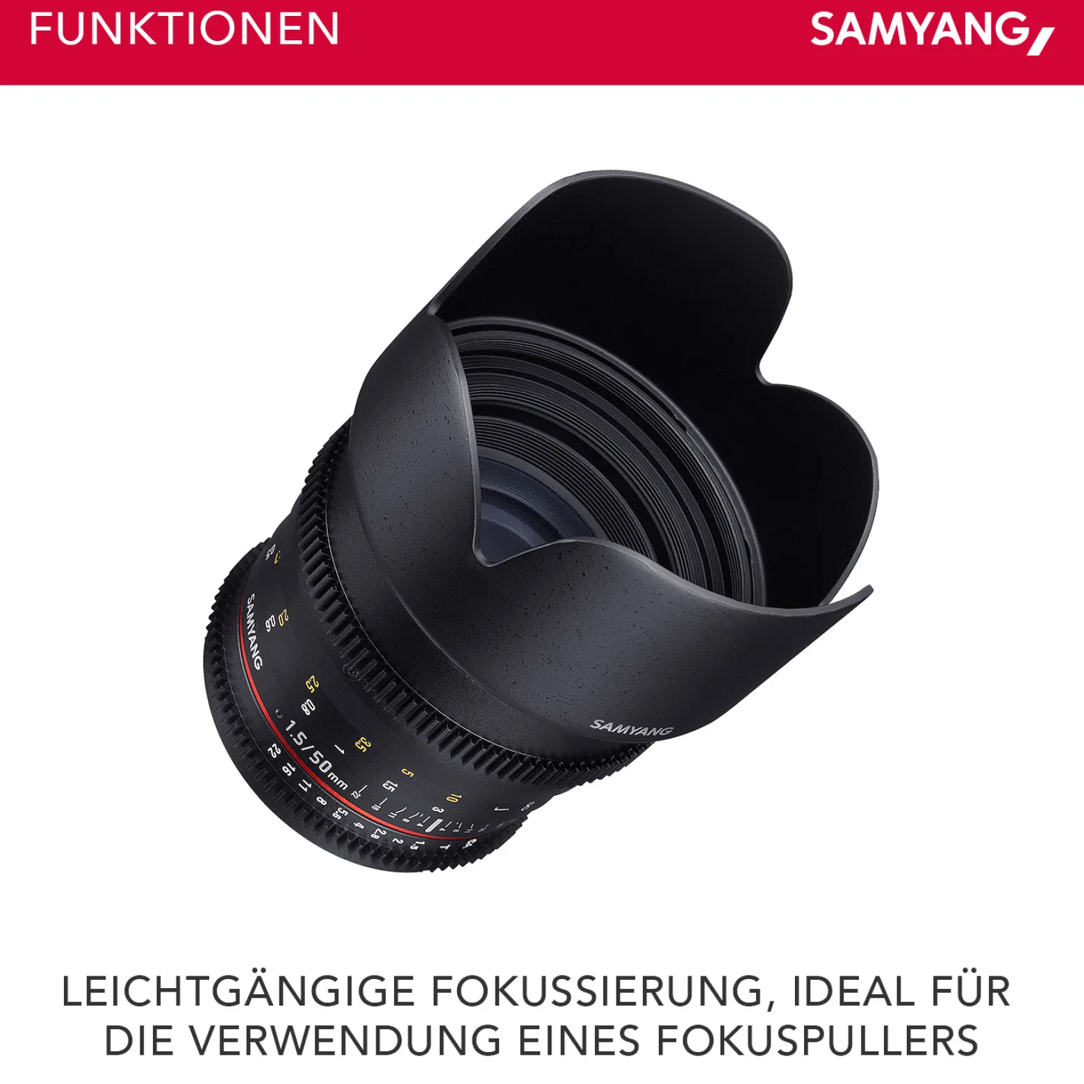 Samyang 50/1,5 Objektiv Video DSLR Canon EF manueller Fokus Videoobjektiv 0,8 Zahnkranz Gear, Porträtobjektiv schwarz, 50mm