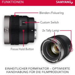 Samyang V-AF 24 mm T1,9 FE Video-Objektiv kompatibel mit Sony E, Kameraobjektiv mit Autofokus, 8K Auflösung, hohe Lichtstärke, integrierte Tally Lamp geeignet für Vollformat und APS-C