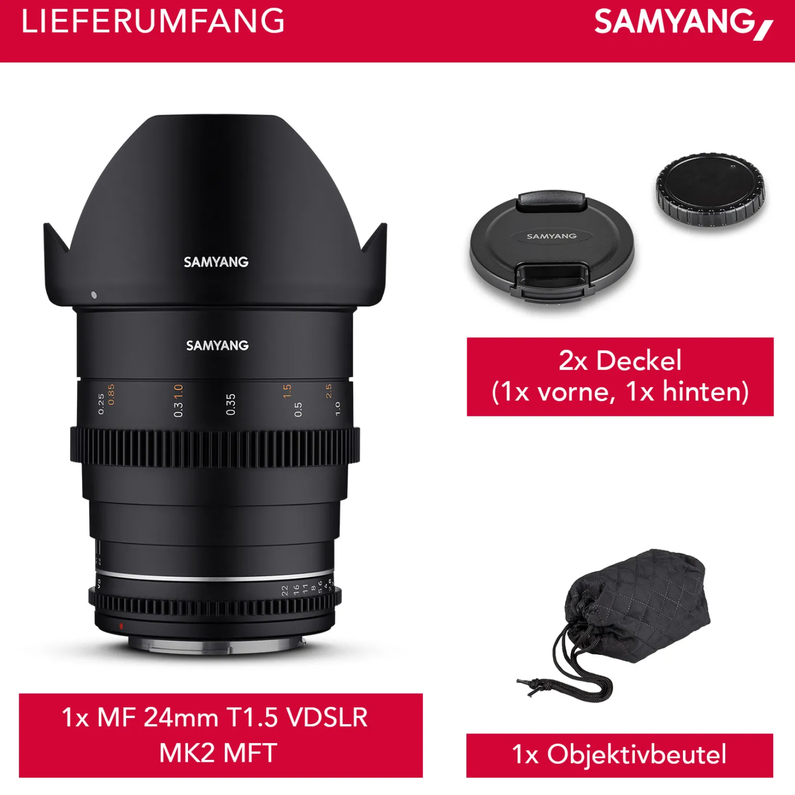 Samyang Weitwinkel Cine- und Video Objektiv MF 24mm T1,5 VDSLR MK2 MFT – lichtstark T1,5 für MFT Mount, 24 mm Festbrennweite, Follow Focus Zahnkränze Vollformat, APS-C und MFT, 8K Auflösung