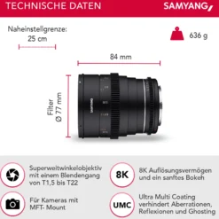 Samyang Weitwinkel Cine- und Video Objektiv MF 24mm T1,5 VDSLR MK2 MFT – lichtstark T1,5 für MFT Mount, 24 mm Festbrennweite, Follow Focus Zahnkränze Vollformat, APS-C und MFT, 8K Auflösung