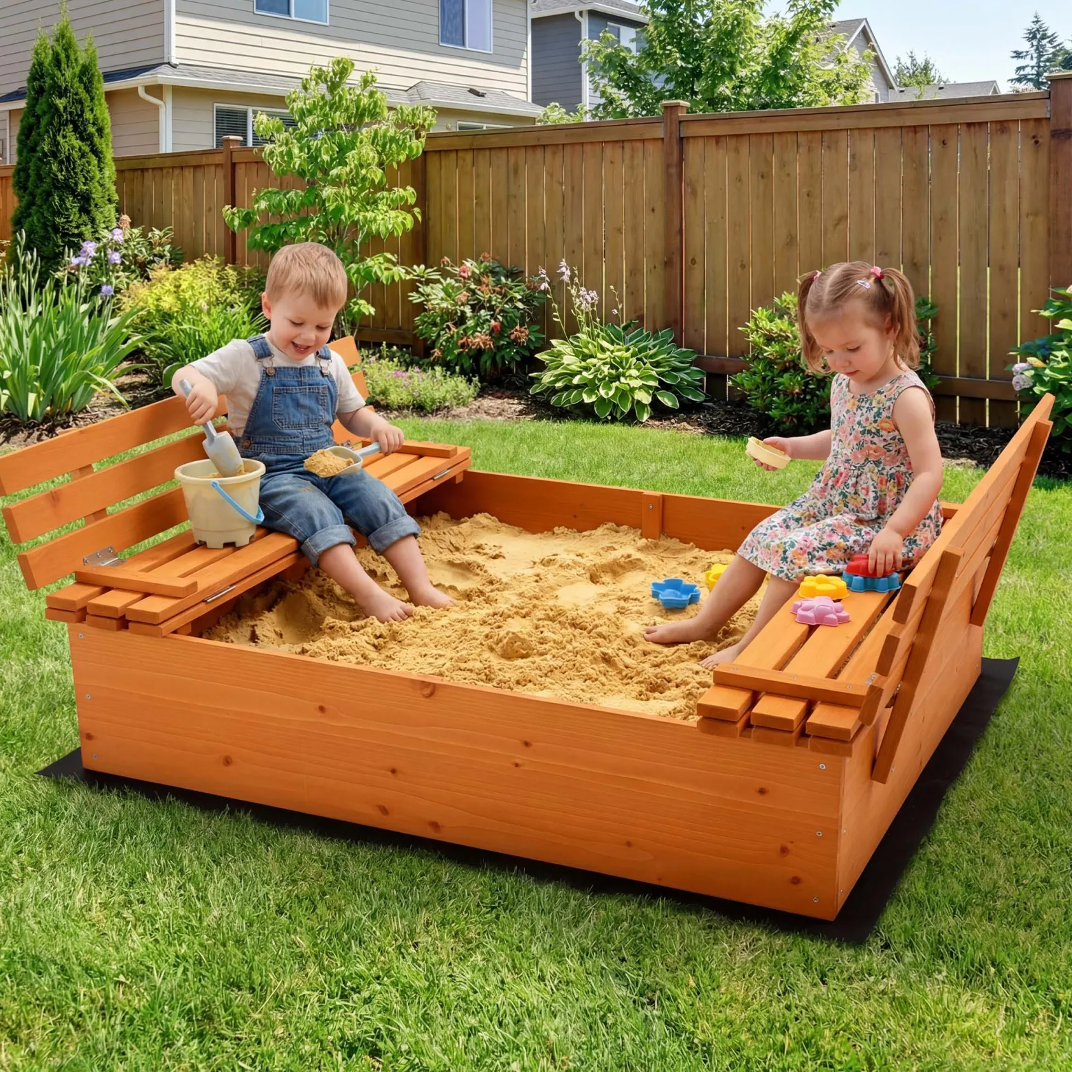 Sandkasten mit Deckel 2 Sitzbänke 98 x 98 x 21 cm, Sandkiste aus Holz mit klappbaren Bänken, Sandkasten mit Abdeckung, Sandbox mit Vliesboden