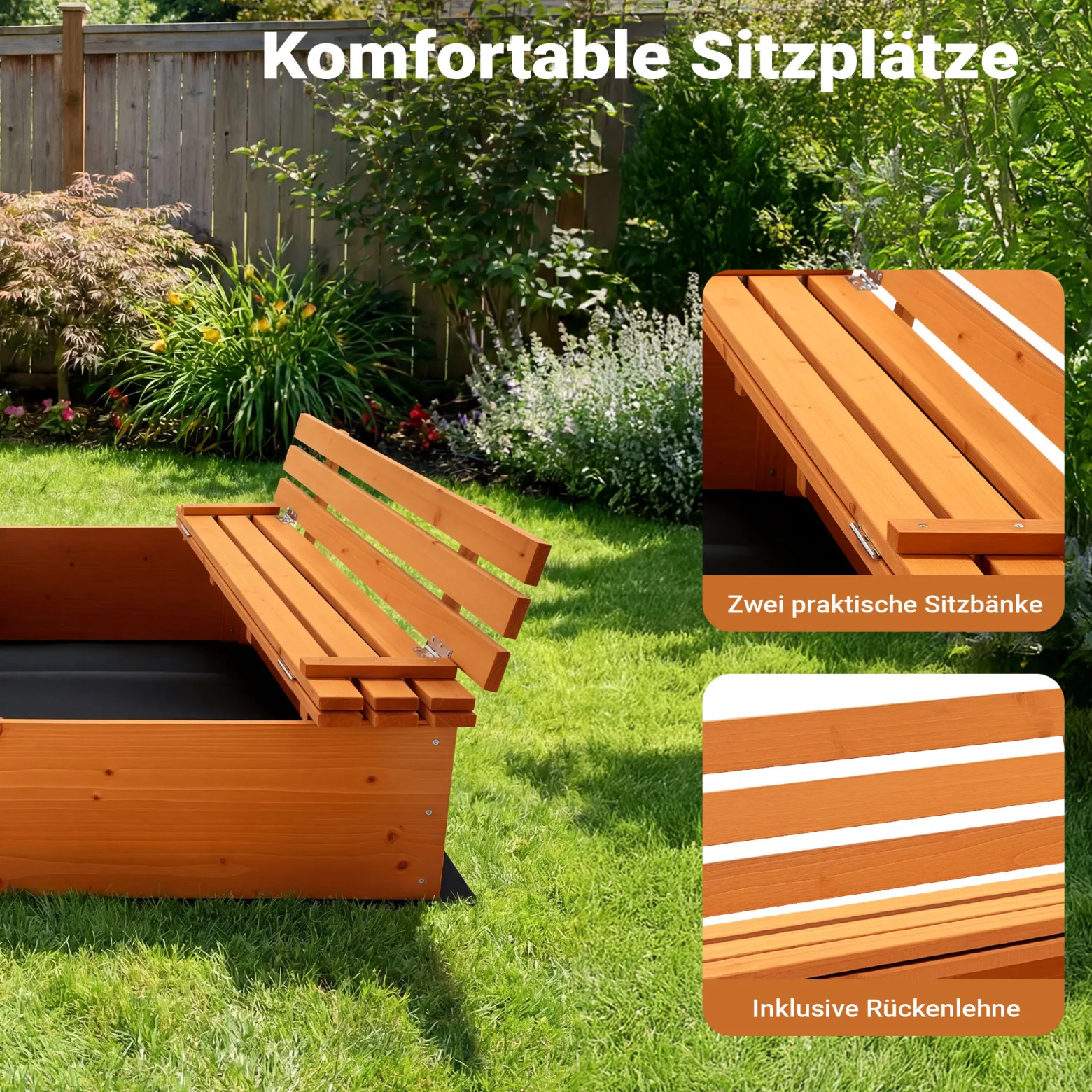 Sandkasten mit Deckel 2 Sitzbänke 98 x 98 x 21 cm, Sandkiste aus Holz mit klappbaren Bänken, Sandkasten mit Abdeckung, Sandbox mit Vliesboden