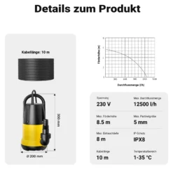 Schmutzwasserpumpe 12500l/h, 750W, max. Förderhöhe 8,5m, Fremdkörper bis Ø5mm
