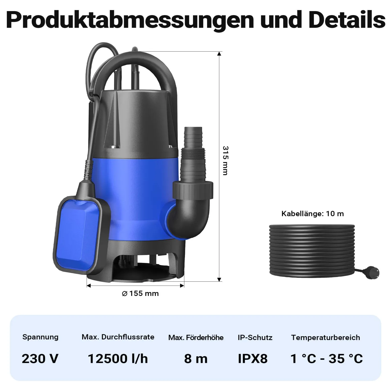 Schmutzwasserpumpe 750 W 12500 l/h Tauchpumpe Gartenpumpe Brunnenpumpe Entwässerungspumpe