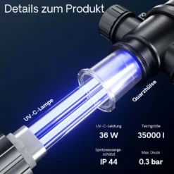 SunSun CUV-136 Teichklärer 4500 l/h / 36 W UVC Vorklärgerät für Teichfilter & Teichpumpe Wasserklärer mit UV-Lampe Lichtfilter zur Algenbekämpfung