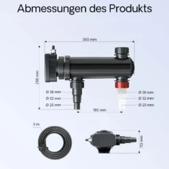 SunSun CUV-318 Teichklärer 3000 l/h / 18 W UVC Vorklärgerät für Teichfilter & Teichpumpe Wasserklärer mit UV-Lampe Lichtfilter zur Algenbekämpfung