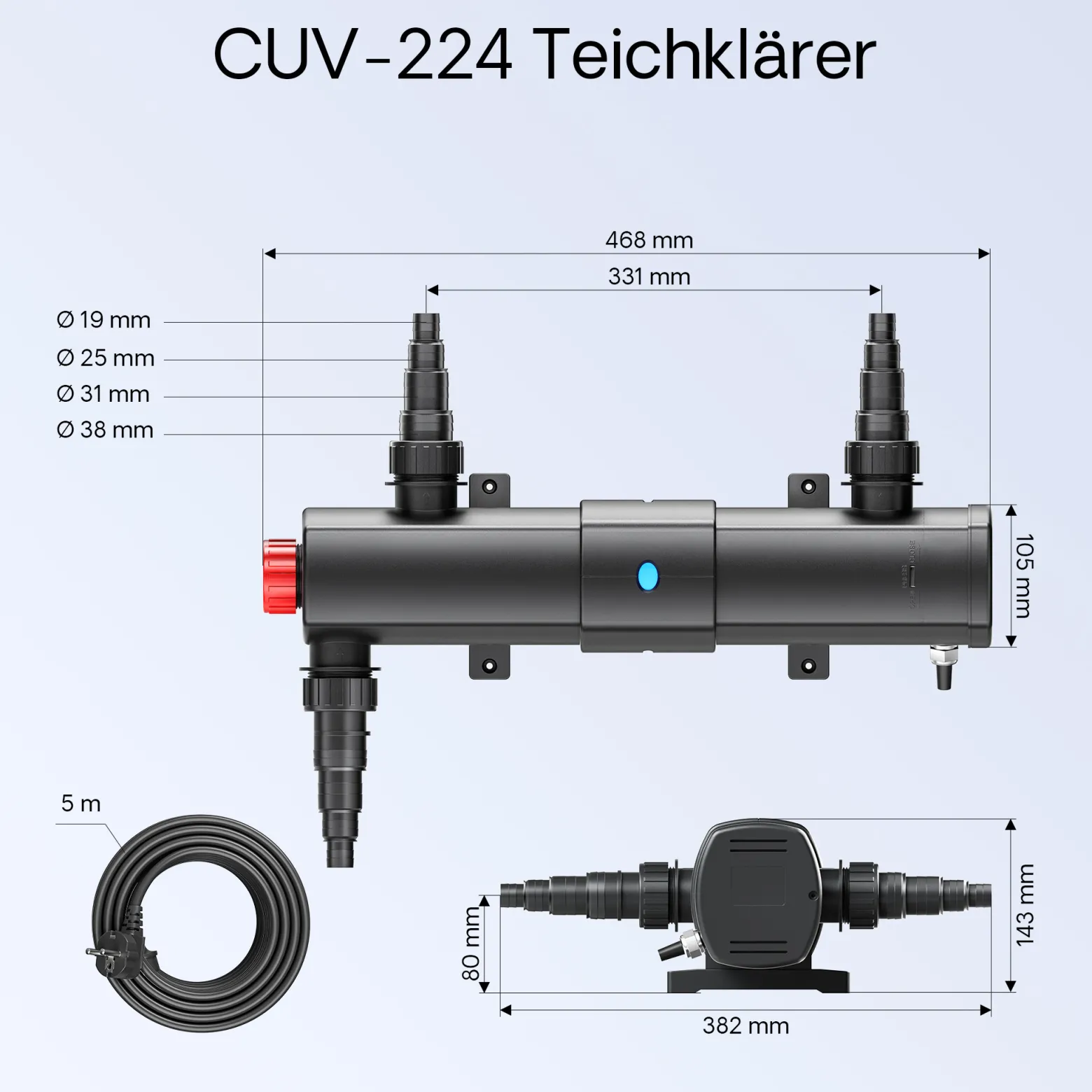 SunSun Komplettset: CBF-350B Teichfilter bis 60000 L, NEO10000 SuperECO Teichpumpe 10000l/h 80W, CUV-224 Teichklärer mit 24W, Y-Verteiler