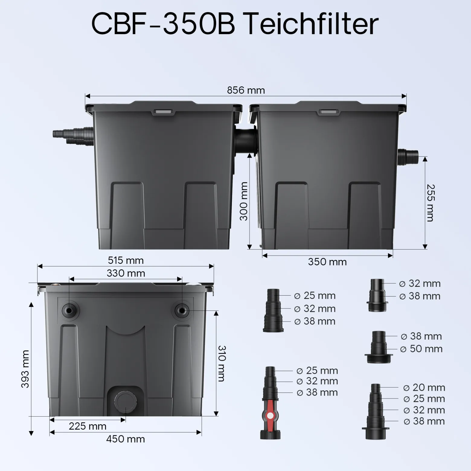 SunSun Komplettset: CBF-350B Teichfilter bis 60000 L Teichfilteranlage Durchlauffilter, NEO10000 Teichpumpe 10000l/h 80W, CUV-236 Teichklärer UVC Klärer mit 36W, 25m Teichschlauch 25 mm, Y-Verteiler