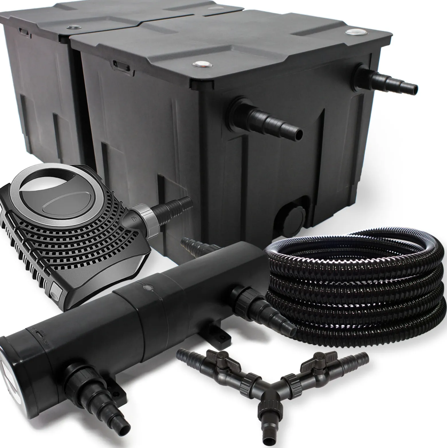 SunSun Komplettset: CBF-350B Teichfilter bis 60000 L Teichfilteranlage Durchlauffilter, NEO10000 Teichpumpe 10000l/h 80W, CUV-224 Teichklärer UVC Klärer mit 24W, 25m Teichschlauch 25 mm, Y-Verteiler