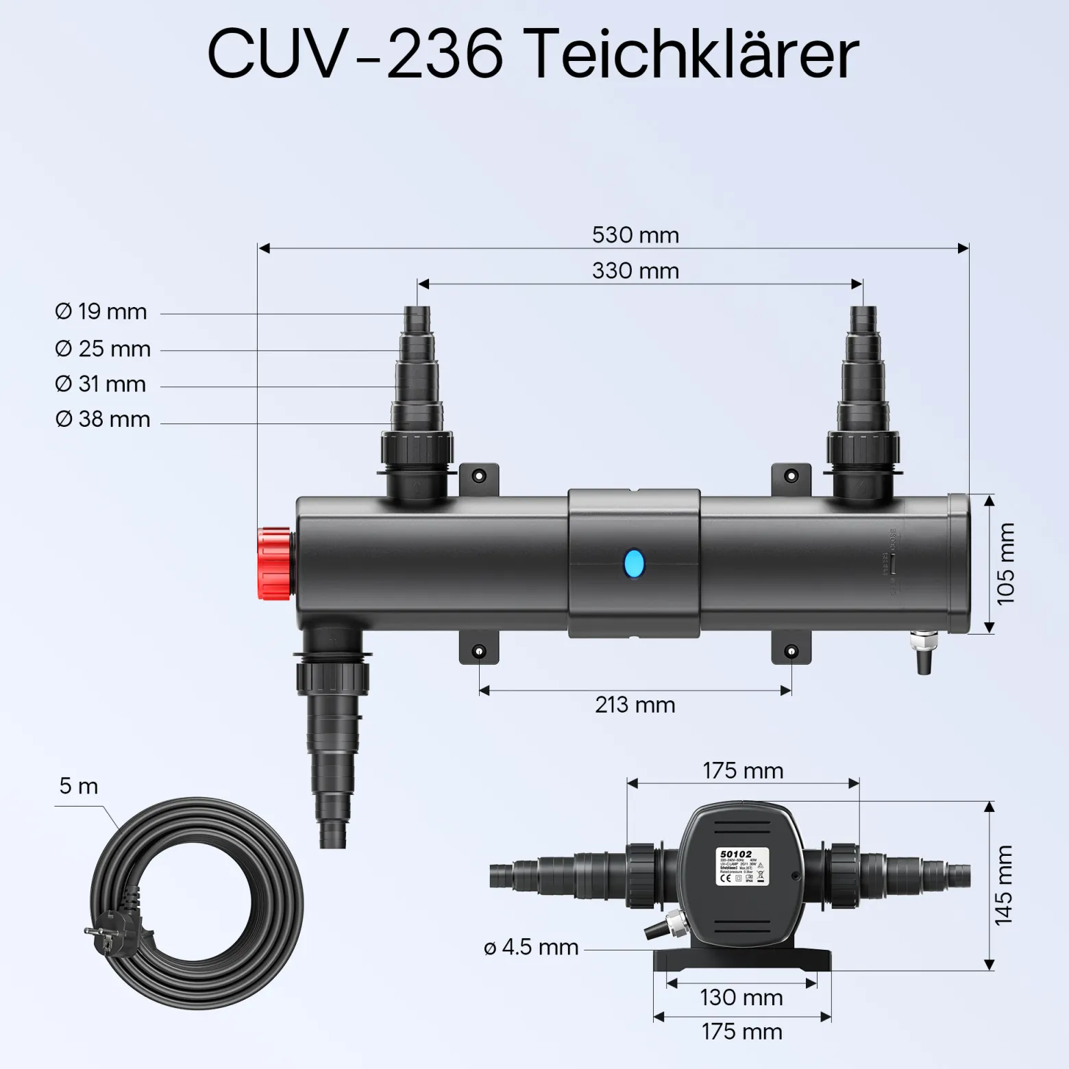 SunSun Komplettset: CBF-350B Teichfilter bis 60000 L Teichfilteranlage als Durchlauffilter, NEO10000 SuperECO Teichpumpe 10000l/h 80W, CUV-236 Teichklärer UVC Klärer mit 36W, Y-Verteiler