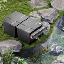 SunSun Komplettset: CBF-350B Teichfilter bis 60000 L Teichfilteranlage Durchlauffilter, NEO8000 Teichpumpe 8000l/h 70W, CUV-224 Teichklärer 24W, 10m Teichschlauch 38 mm, Schlauchschellen W1 44-47mm