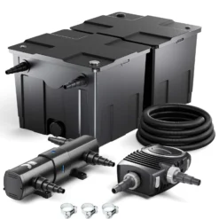 SunSun Komplettset: CBF-350B Teichfilter bis 60000 L Teichfilteranlage Durchlauffilter, NEO10000 Teichpumpe 10000l/h 80W, CUV-236 Teichklärer 36W, 10m Teichschlauch 38 mm, Schlauchschellen W1 44-47mm