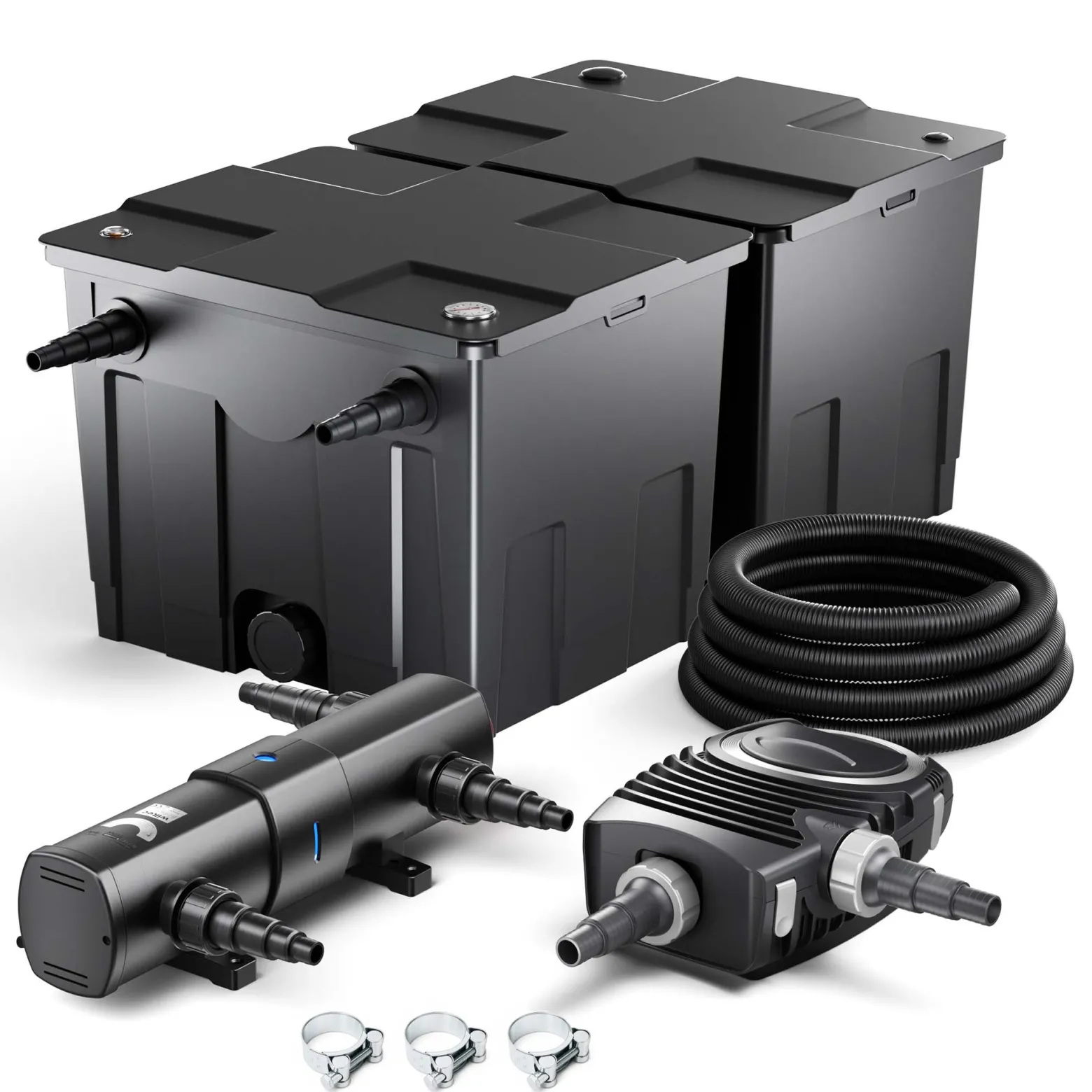 SunSun Komplettset: CBF-350B Teichfilter bis 60000 L Teichfilteranlage Durchlauffilter, NEO10000 Teichpumpe 10000l/h 80W, CUV-236 Teichklärer 36W, 10m Teichschlauch 38 mm, Schlauchschellen W1 44-47mm
