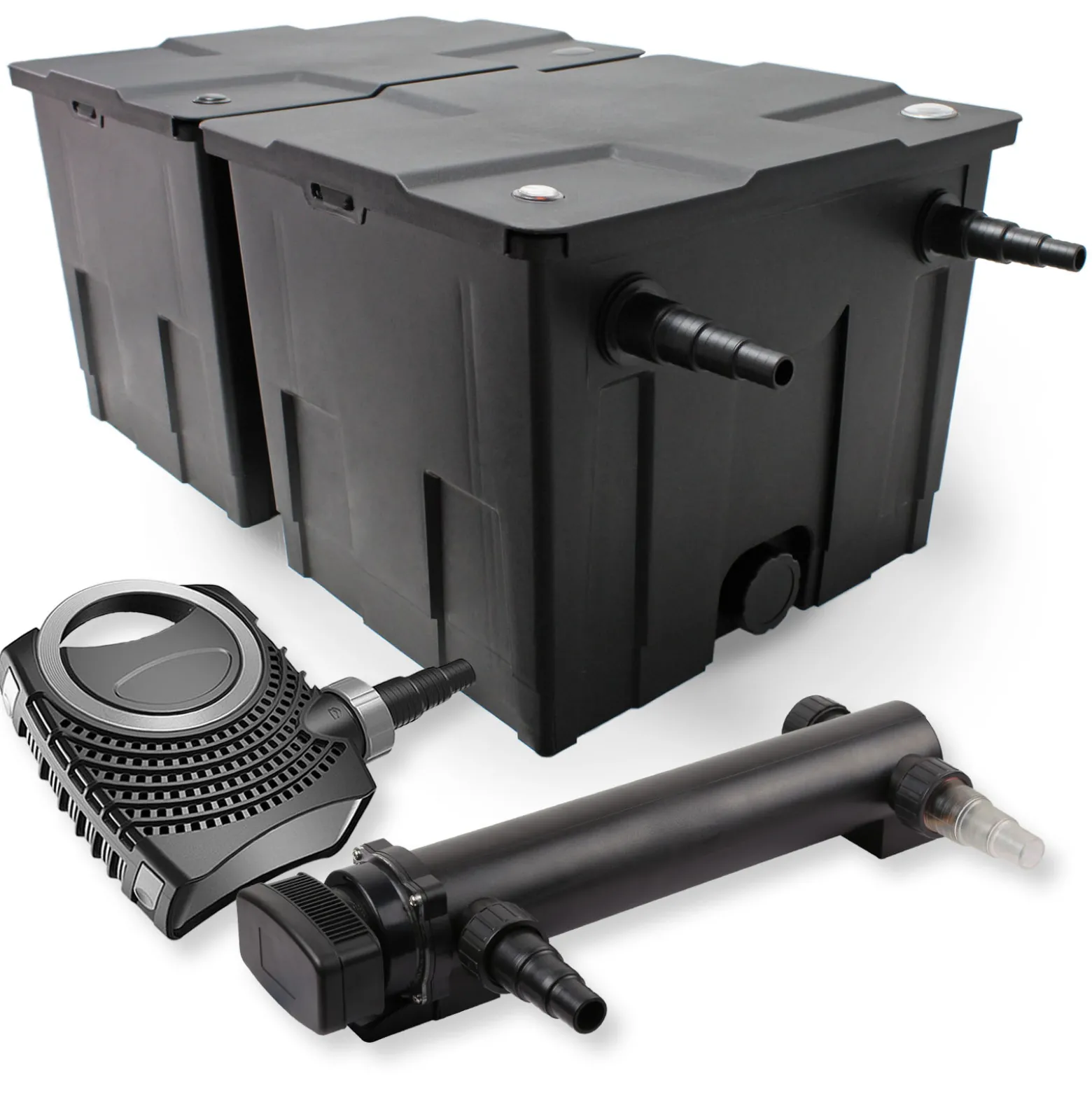 SunSun Komplettset: CBF-350B Teichfilter bis 60000 L Teichfilteranlage als Durchlauffilter, NEO10000 SuperECO Teichpumpe 10000l/h 80W, CUV-336 Teichklärer UVC Klärer mit 36W