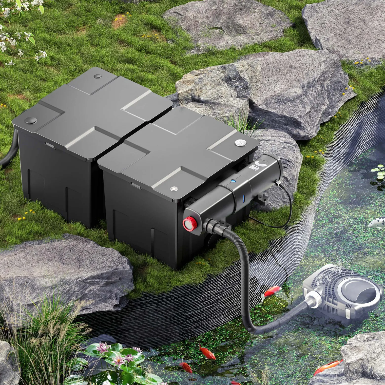 SunSun Komplettset: CBF-350B Teichfilter bis 60000 L Teichfilteranlage Durchlauffilter, NEO10000 Teichpumpe 10000l/h 80W, CUV-224 Teichklärer 24W, 10m Teichschlauch 38 mm, Schlauchschellen W1 44-47mm