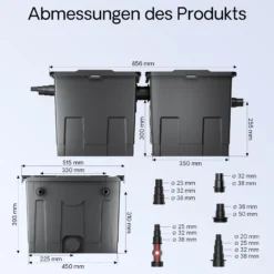 SunSun Komplettset: CBF-350B Teichfilter bis 60000 L Teichfilteranlage Durchlauffilter, NEO12000 Teichpumpe 12000l/h 100W, CUV-224 Teichklärer 24W, 10m Teichschlauch 38 mm, Schlauchschellen W1 44-47mm