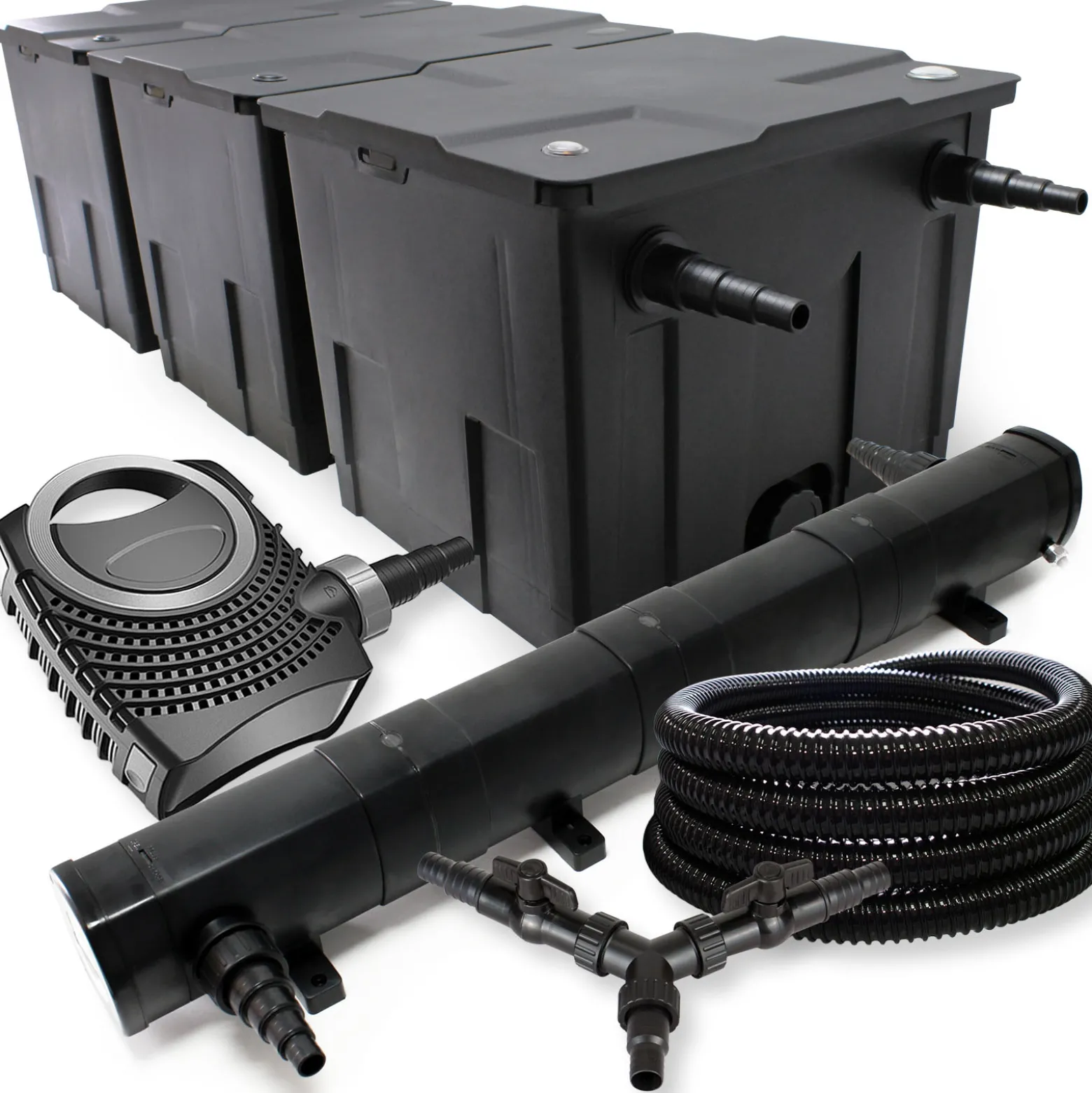 SunSun Komplettset: CBF-350C Teichfilter bis 90000 L Teichfilteranlage Durchlauffilter, NEO10000 Teichpumpe 10000l/h 80W, CUV-272 Teichklärer UVC Klärer mit 72W, 25m Teichschlauch 25 mm, Y-Verteiler