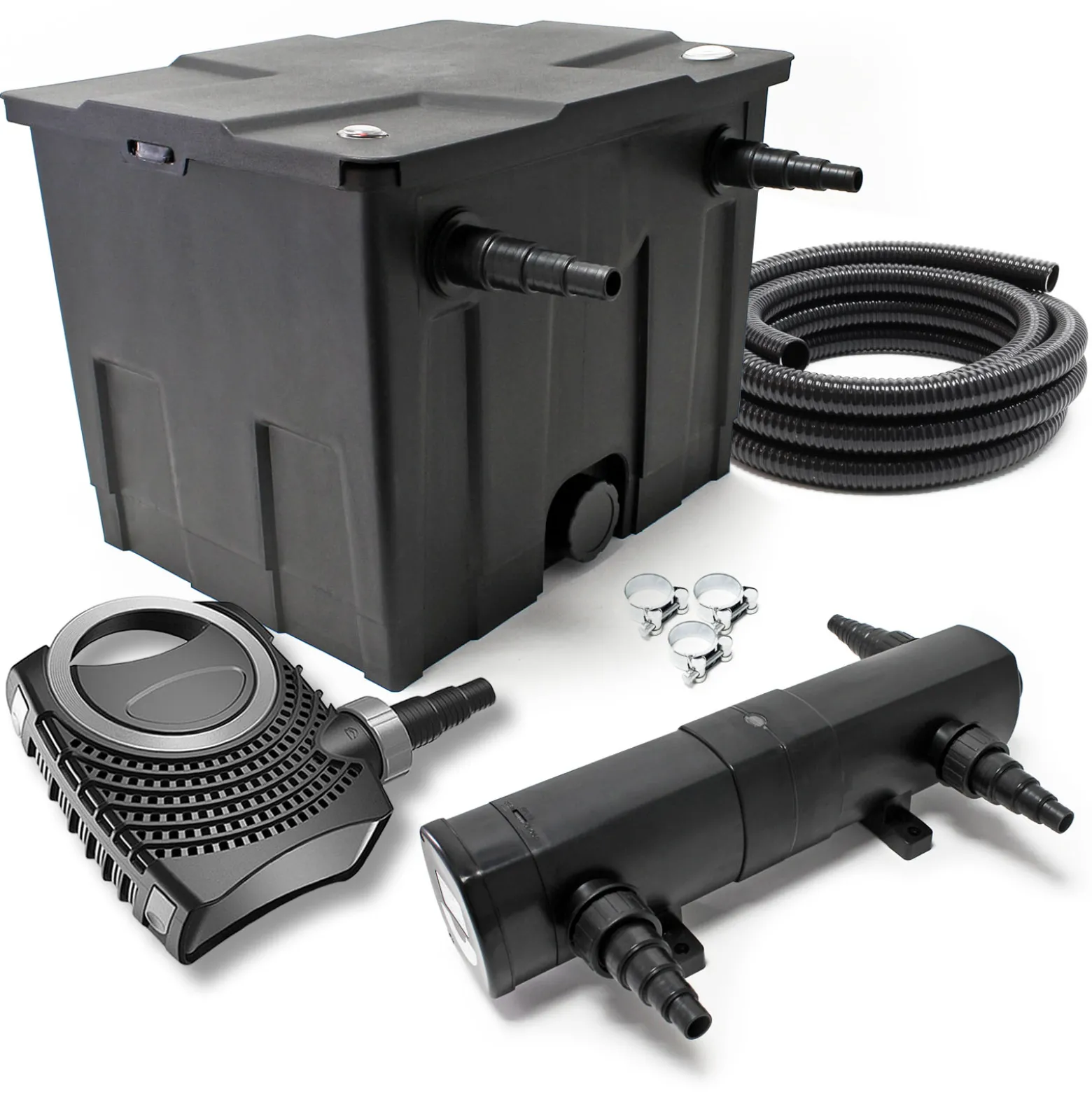 SunSun Komplettset: CBF-350 Teichfilter bis 12000L Teichfilteranlage Durchlauffilter, NEO6000 Teichpumpe 6000l/h 40W, CUV-236 Teichklärer 36W, 5m Teichschlauch 38 mm (1 1/2"), Schlauchschellen 44-47mm