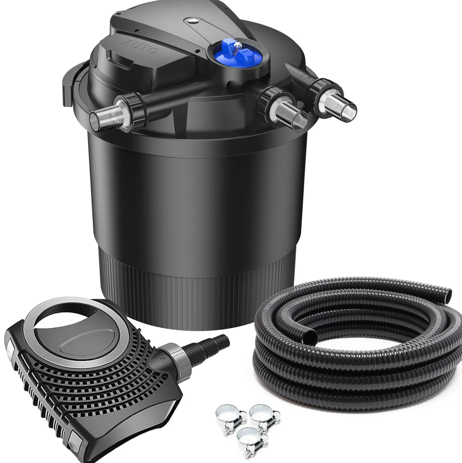 SunSun Komplettset: CPA-20000 Teichdruckfilter bis 40000 L mit 36 Watt UV-C Teichklärer, NEO8000 SuperEco Teichpumpe 8000l/h 70W, 10m Teichschlauch 38 mm (1 1/2"), Schlauchschellen W1 44-47mm