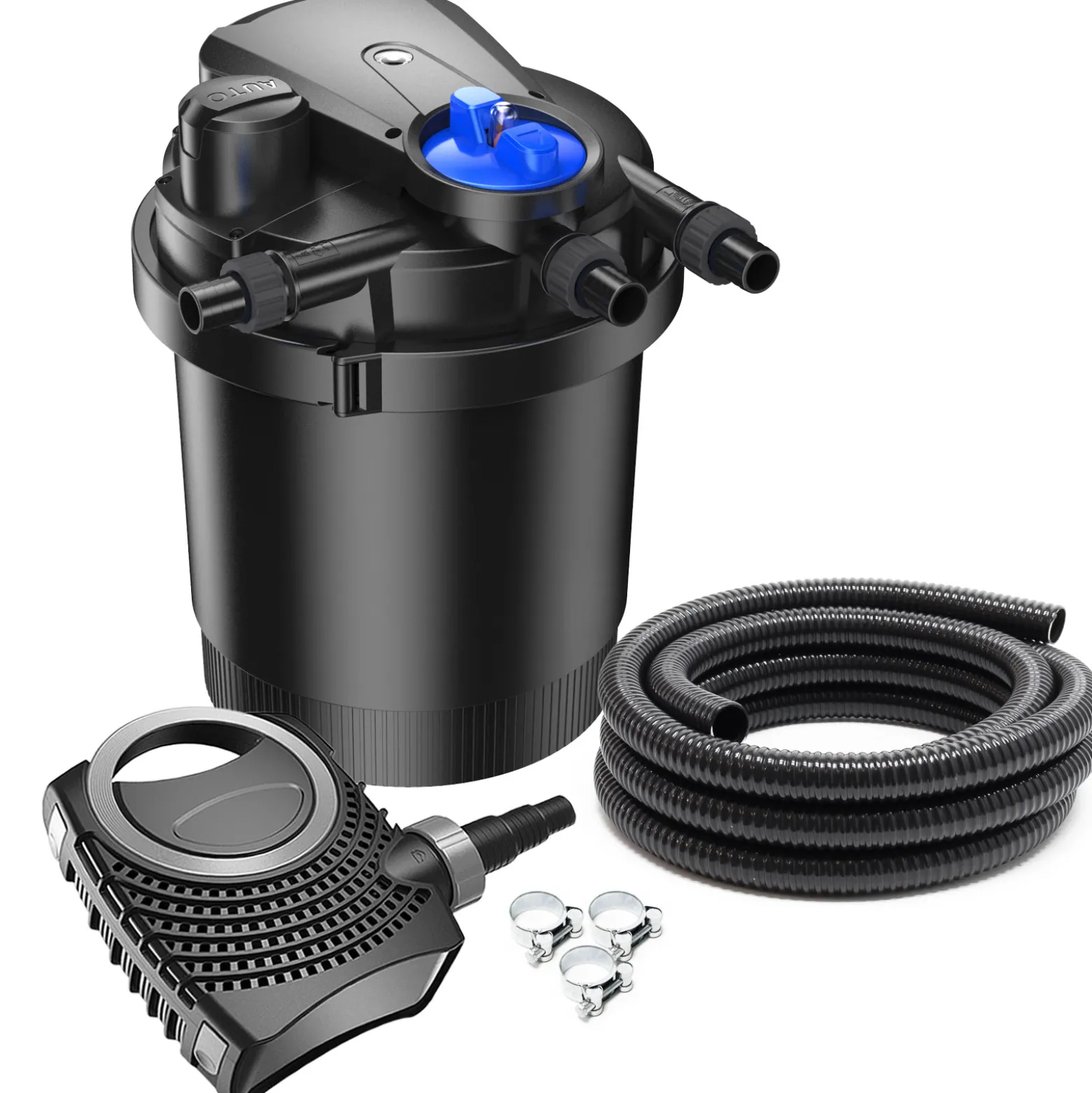 SunSun Komplettset: CPA-2500 Teichdruckfilter bis 6000 L mit 11 Watt UV-C Teichklärer, NEO-2800 SuperECO Teichpumpe 3000l/h 10W, 5m Teichschlauch 32 mm (1 1/4"), Schlauchschellen W1 44-47mm