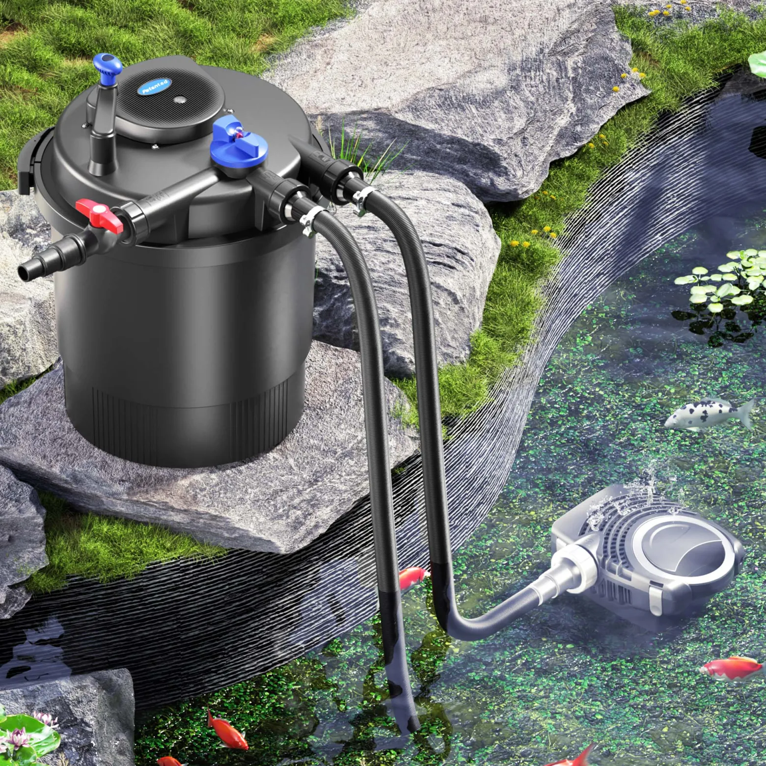 SunSun Komplettset: CPF-20000 Teichdruckfilter bis 10000 L mit 11 Watt UV-C Teichklärer, NEO6000 SuperEco Teichpumpe 6000l/h 40W, 5m Teichschlauch 38 mm (1 1/2"), Schlauchschellen W1 44-47mm
