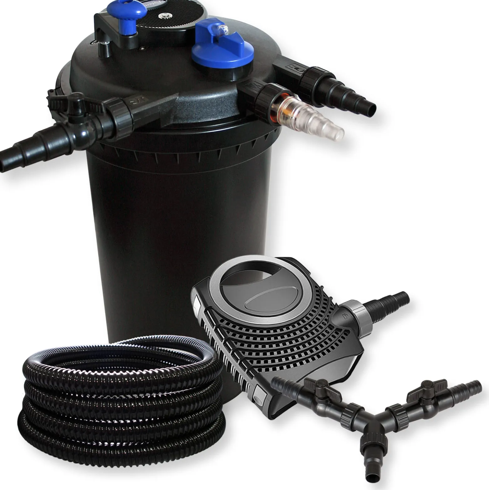 SunSun Komplettset: CPF-15000 Teichdruckfilter bis 30000 L mit 18 Watt UV-C Teichklärer, NEO10000 SuperECO Teichpumpe 10000l/h 80W, 25m Teichschlauch 25 mm (1"), Y-Verteiler