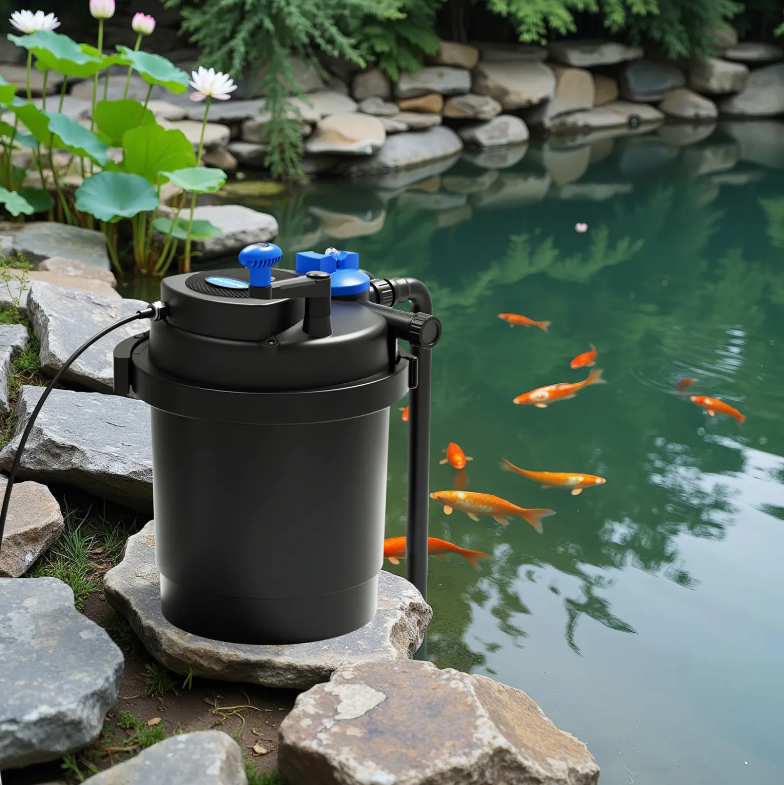SunSun Komplettset: CPF-2500 Teichdruckfilter bis 6000 L mit 11 Watt UV-C Teichklärer, NEO3800 SuperEco Teichpumpe 3600l/h 20W, 5m Teichschlauch 32 mm (1 1/4"), Schlauchschellen W1 44-47mm