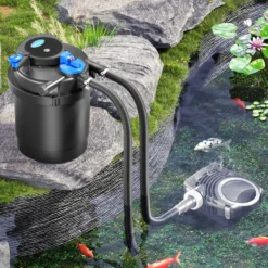 SunSun Komplettset: CPF-2500 Teichdruckfilter bis 6000 L mit 11 Watt UV-C Teichklärer, NEO3800 SuperEco Teichpumpe 3600l/h 20W, 5m Teichschlauch 32 mm (1 1/4