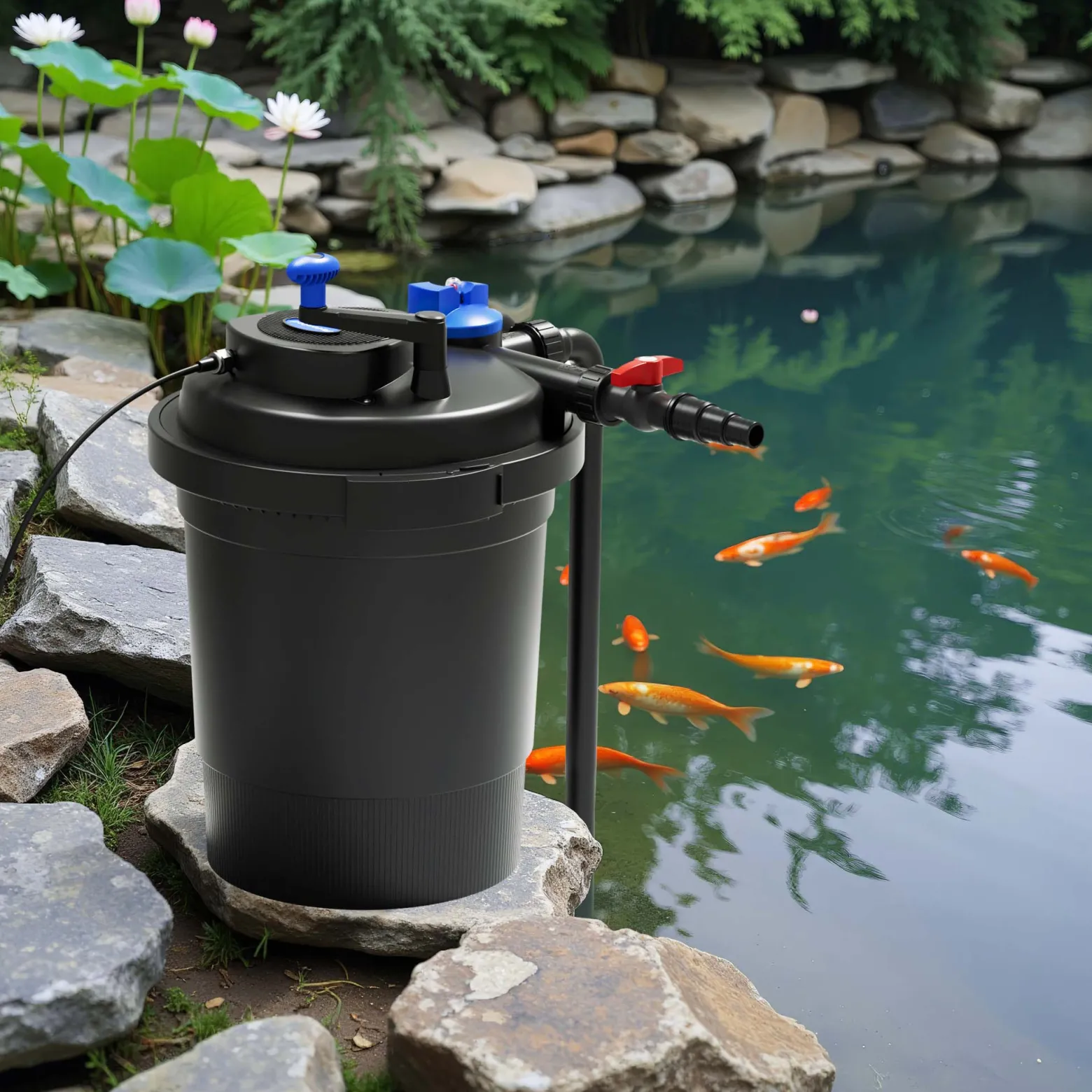 SunSun Komplettset: CPF-10000 Teichdruckfilter bis 10000 L mit 11 Watt UV-C Teichklärer, NEO3800 SuperEco Teichpumpe 3600l/h 20W, 5m Teichschlauch 38 mm (1 1/2"), Schlauchschellen W1 44-47mm